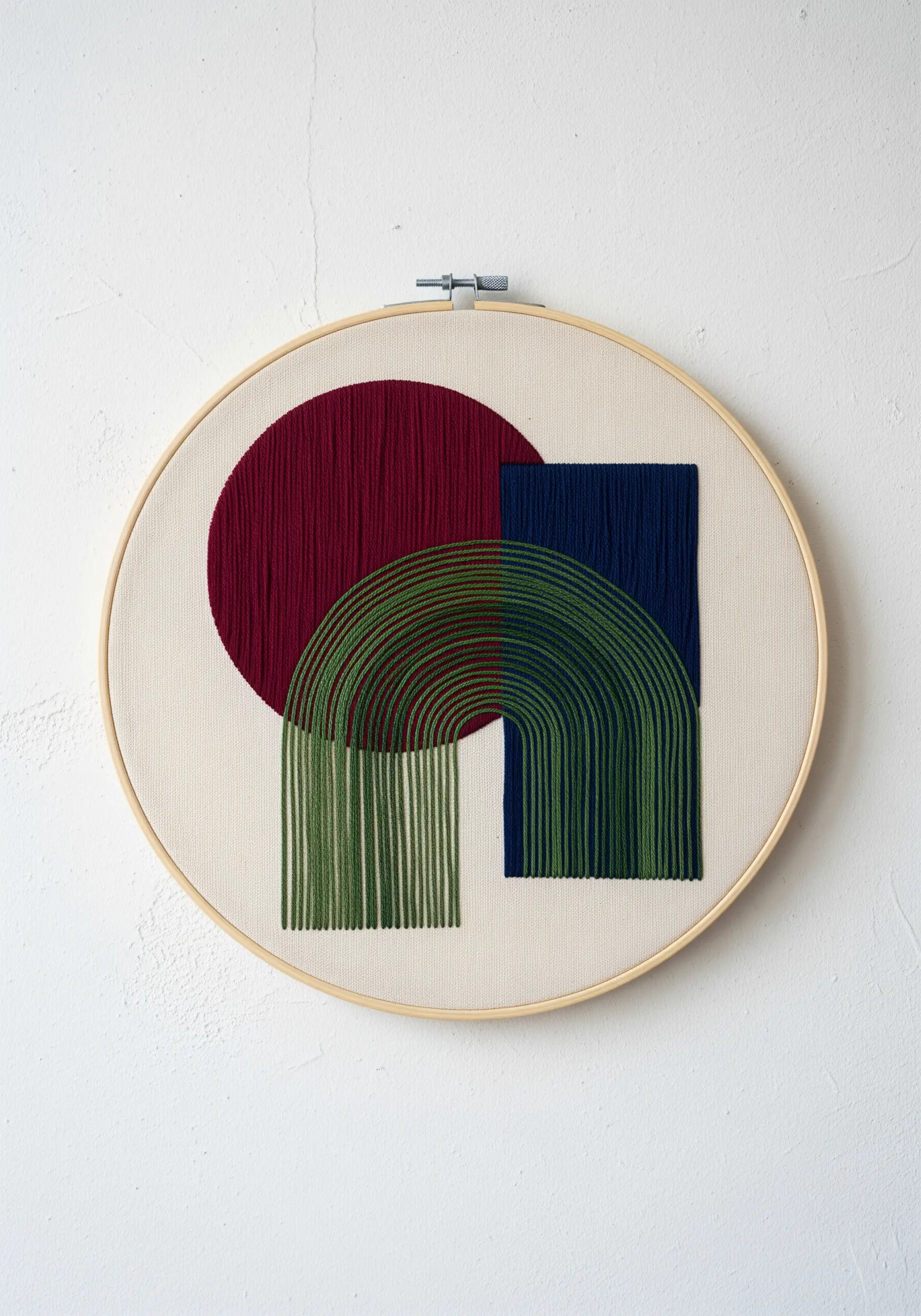 Abstract geometric art with layered shapes in jewel tones and a fringed arch.
