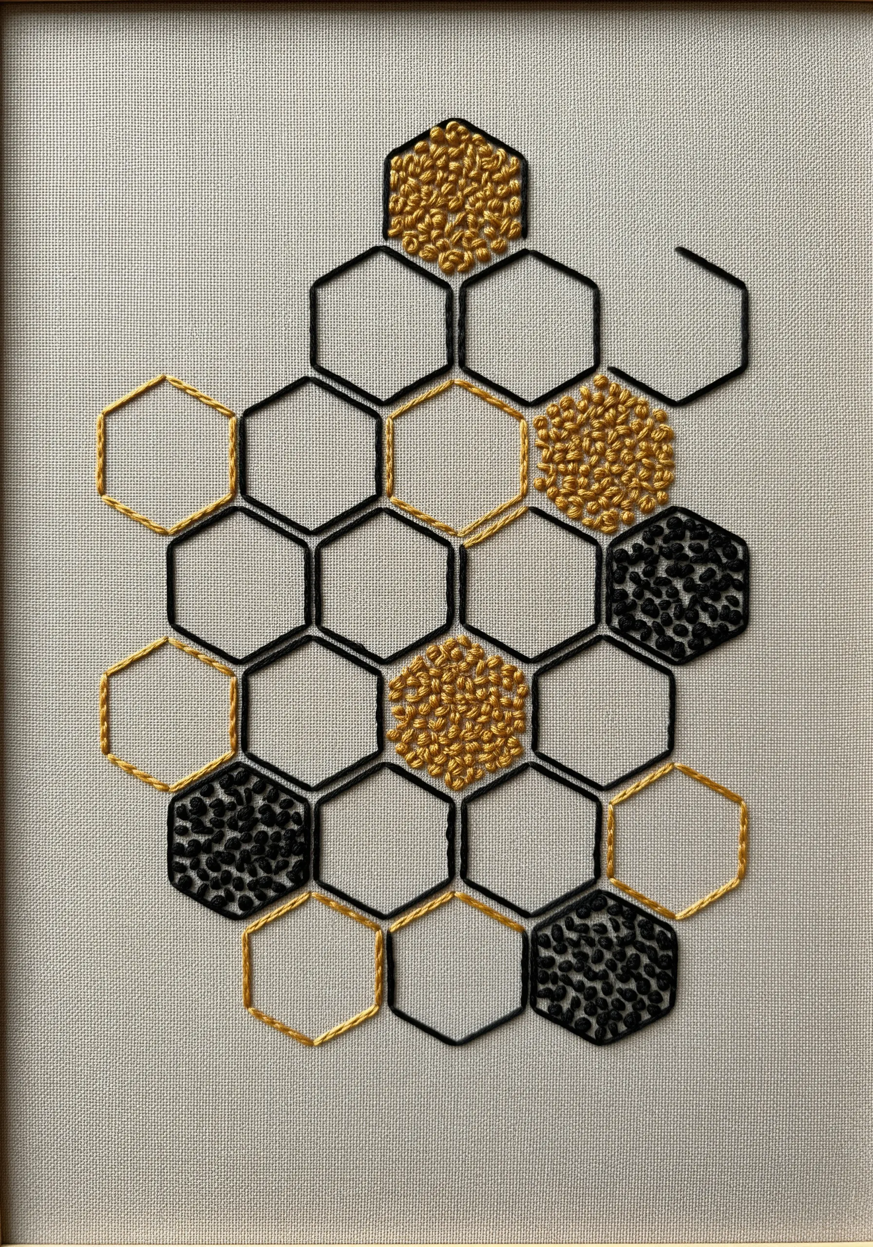 A geometric honeycomb pattern embroidered with black and gold outlines and French knot fills.