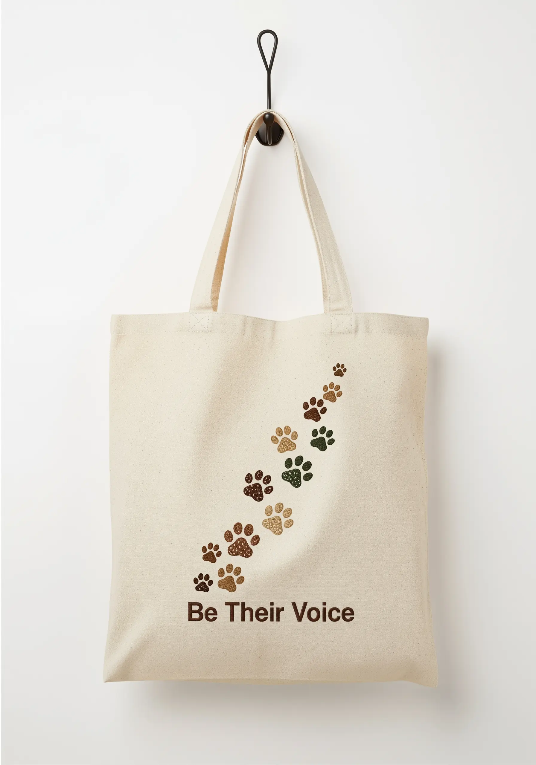 A trail of paw prints in earthy tones on a cream tote, with the text 'Be Their Voice'.
