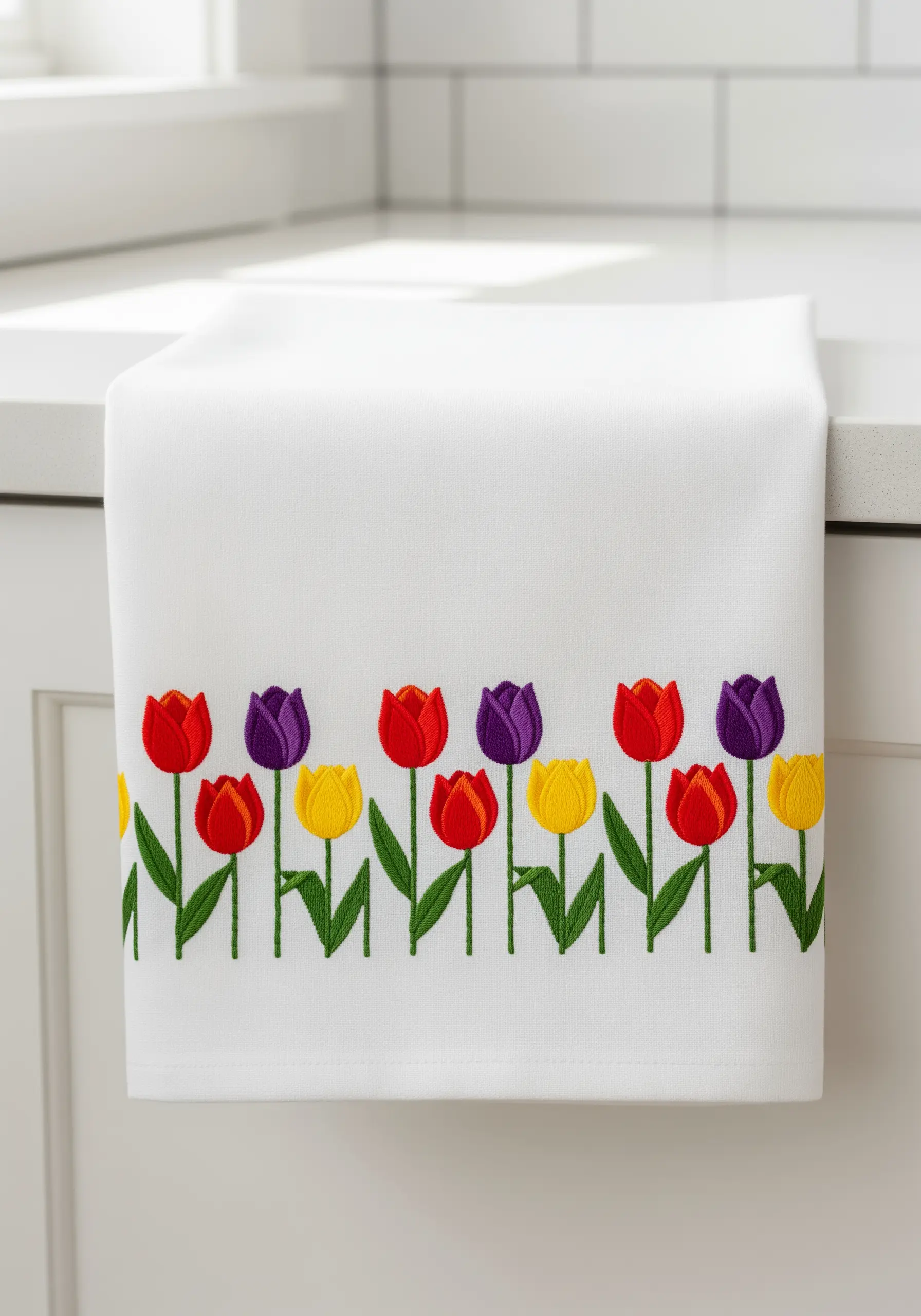 A repeating border of red, purple, and yellow tulips on a white tea towel.