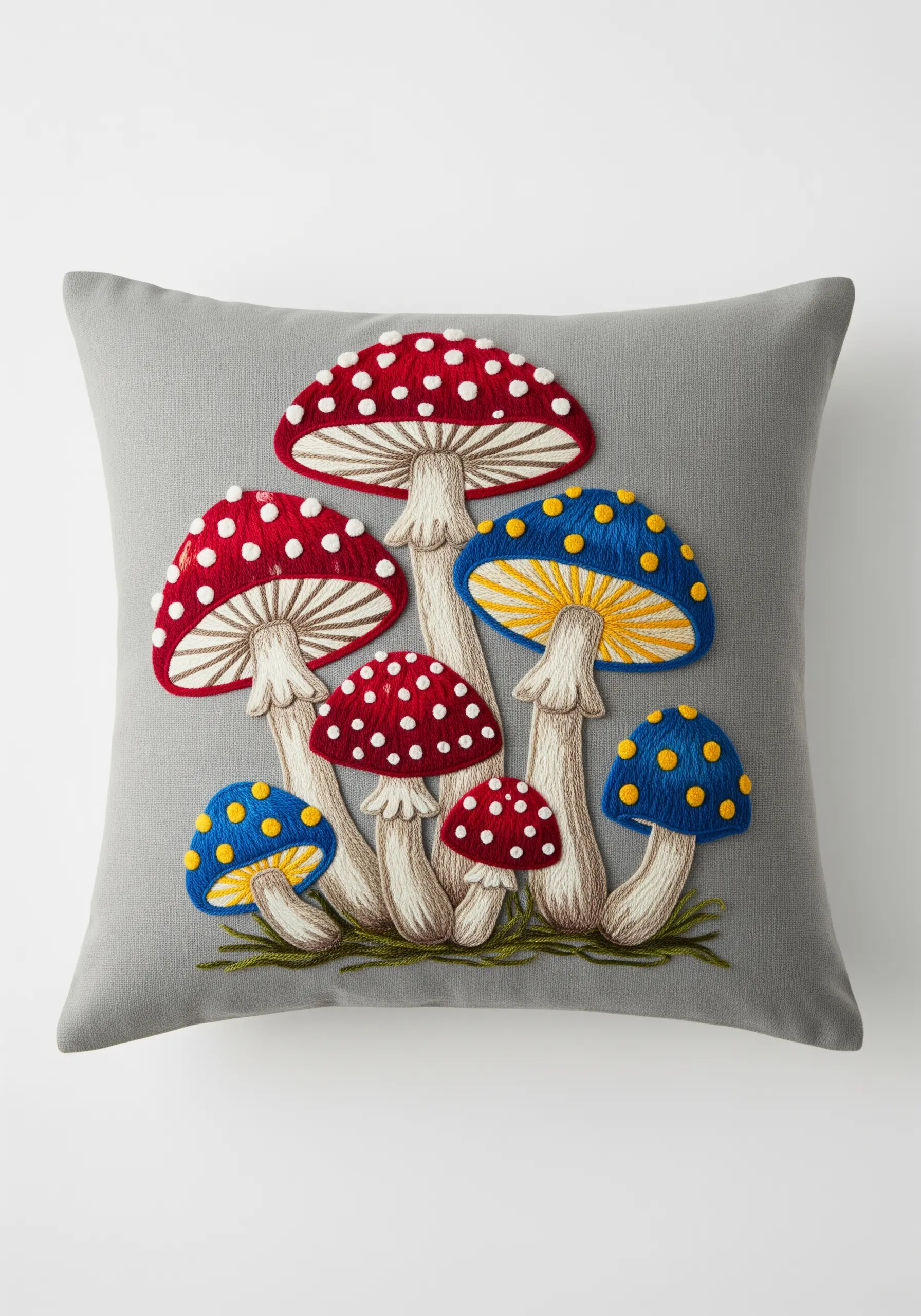 Whimsical embroidered mushrooms with padded satin stitch and French knot details.