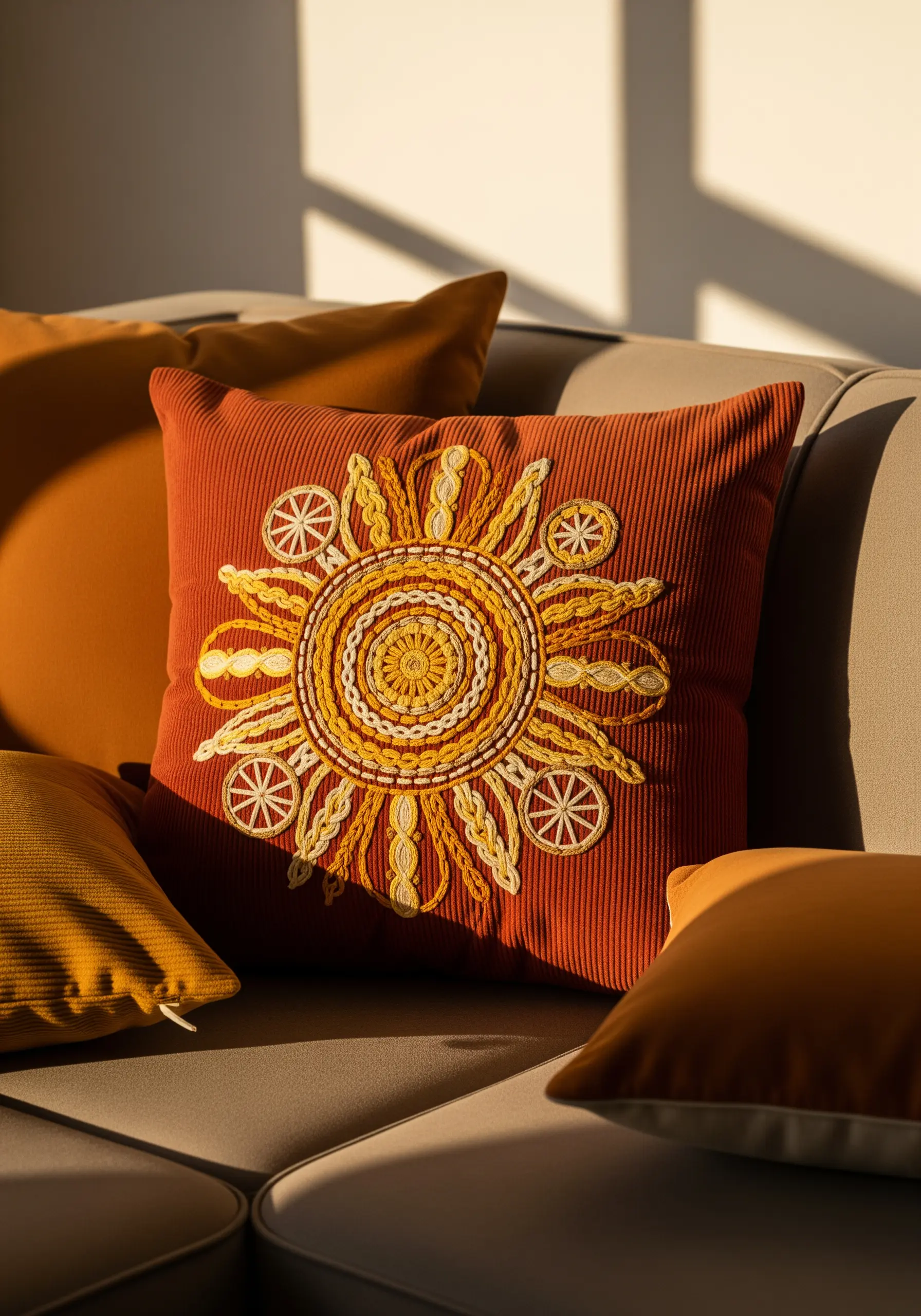 A vibrant yellow and orange sun mandala embroidered on a rust-colored corduroy pillow.