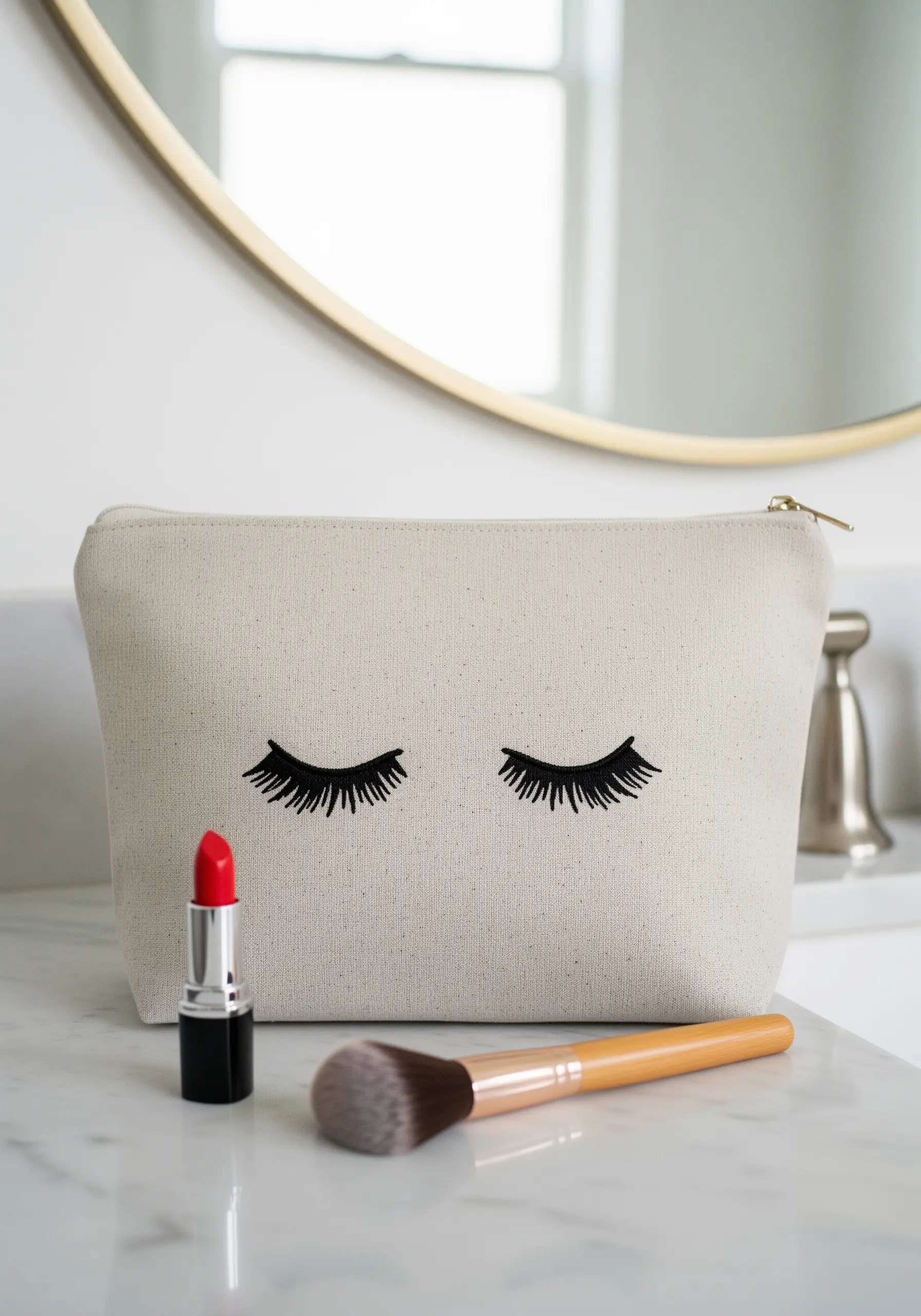 Beige canvas makeup bag sitting on a marble counter with closed eyelashes embroidered in black