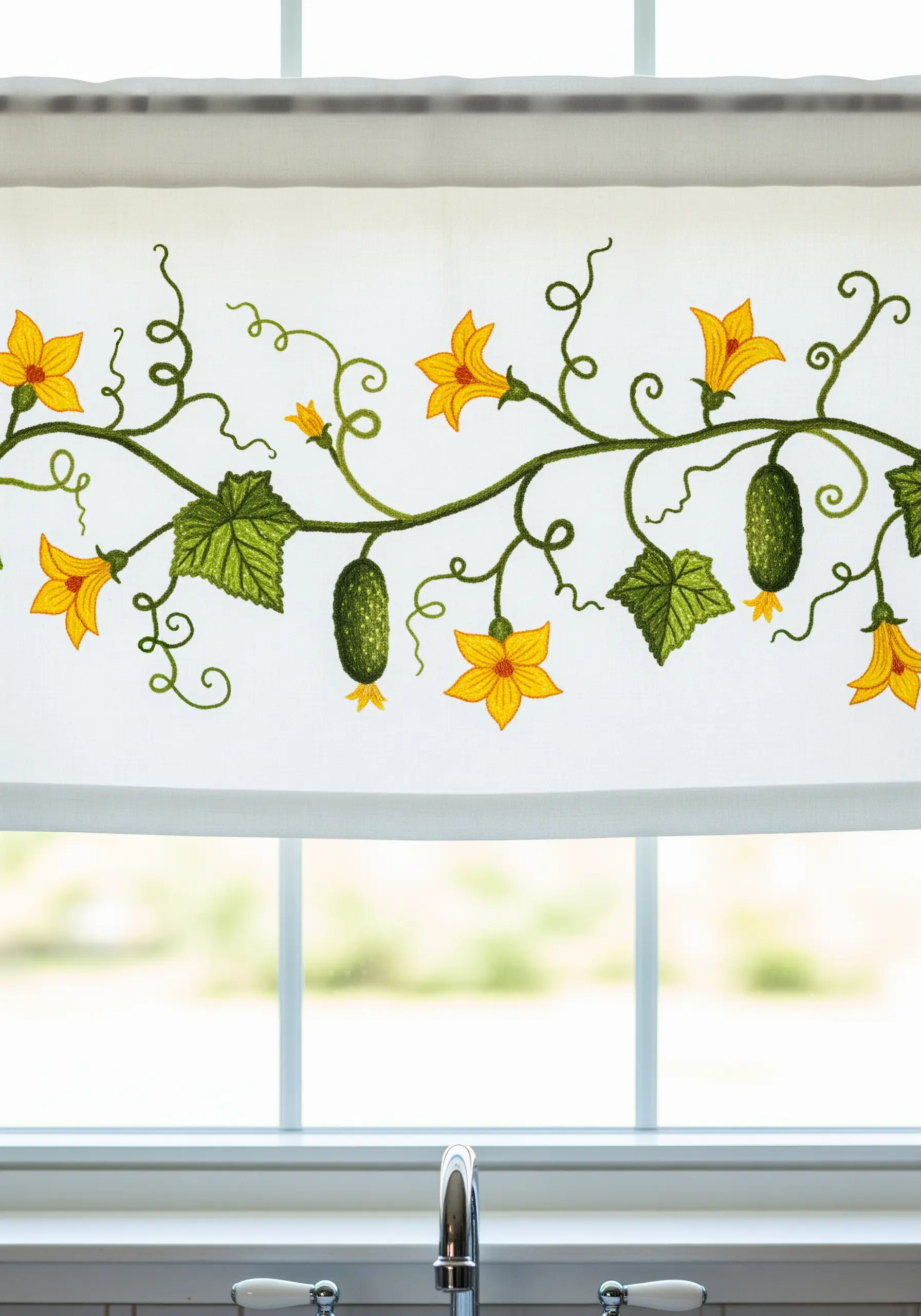 An embroidered kitchen valance with a cucumber vine, yellow blossoms, and green tendrils.
