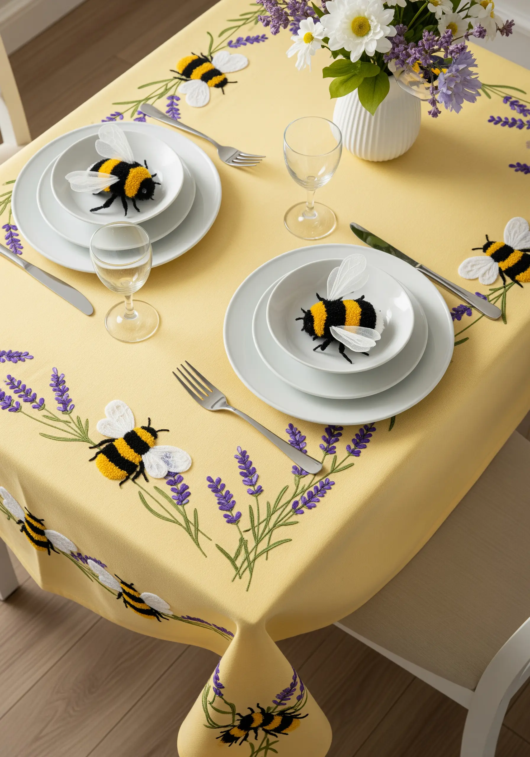 A yellow tablecloth with lavender and 3D stumpwork bees with detached wings.