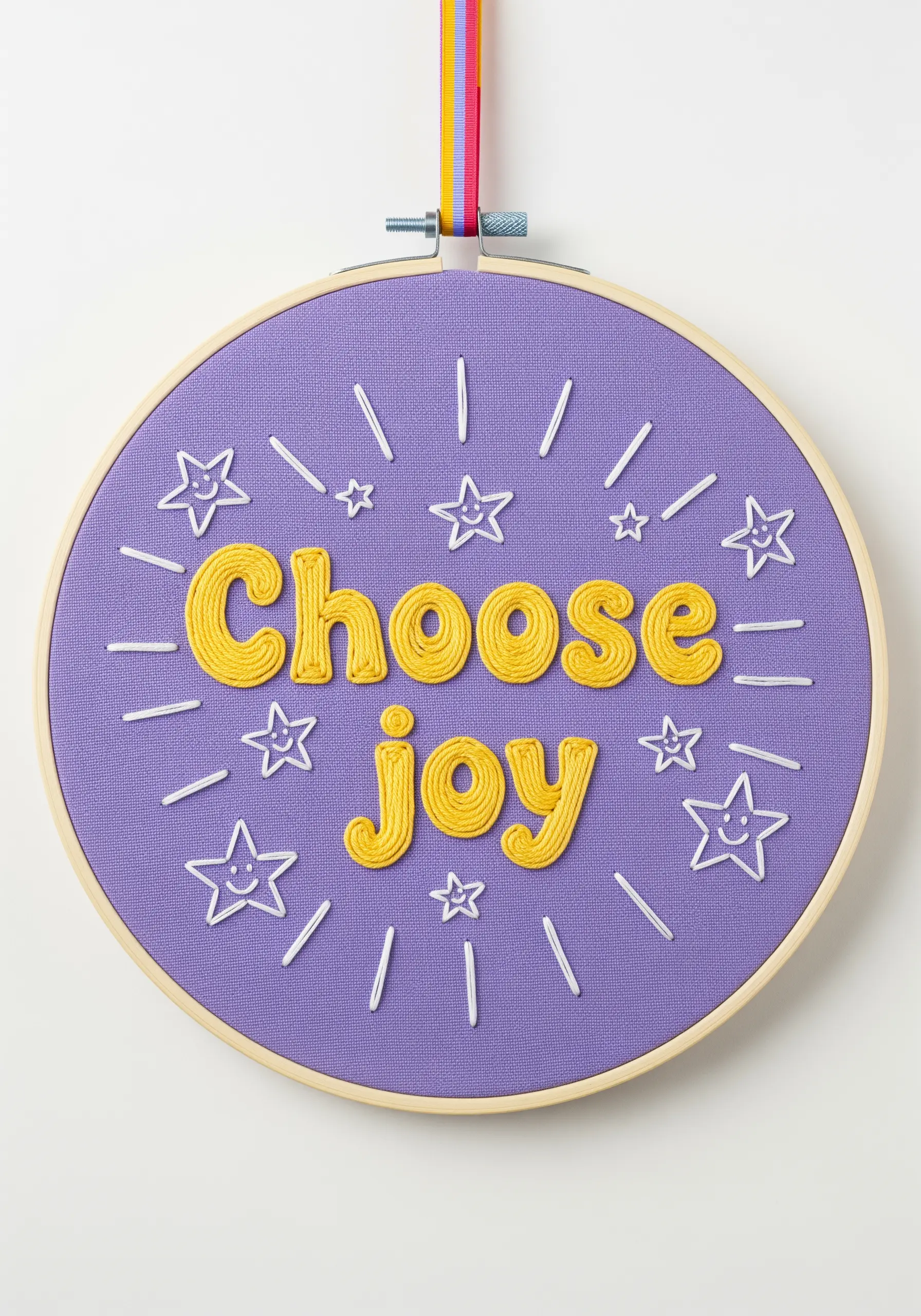 Puffy yellow letters spelling “Choose Joy” on purple fabric, surrounded by simple stars.