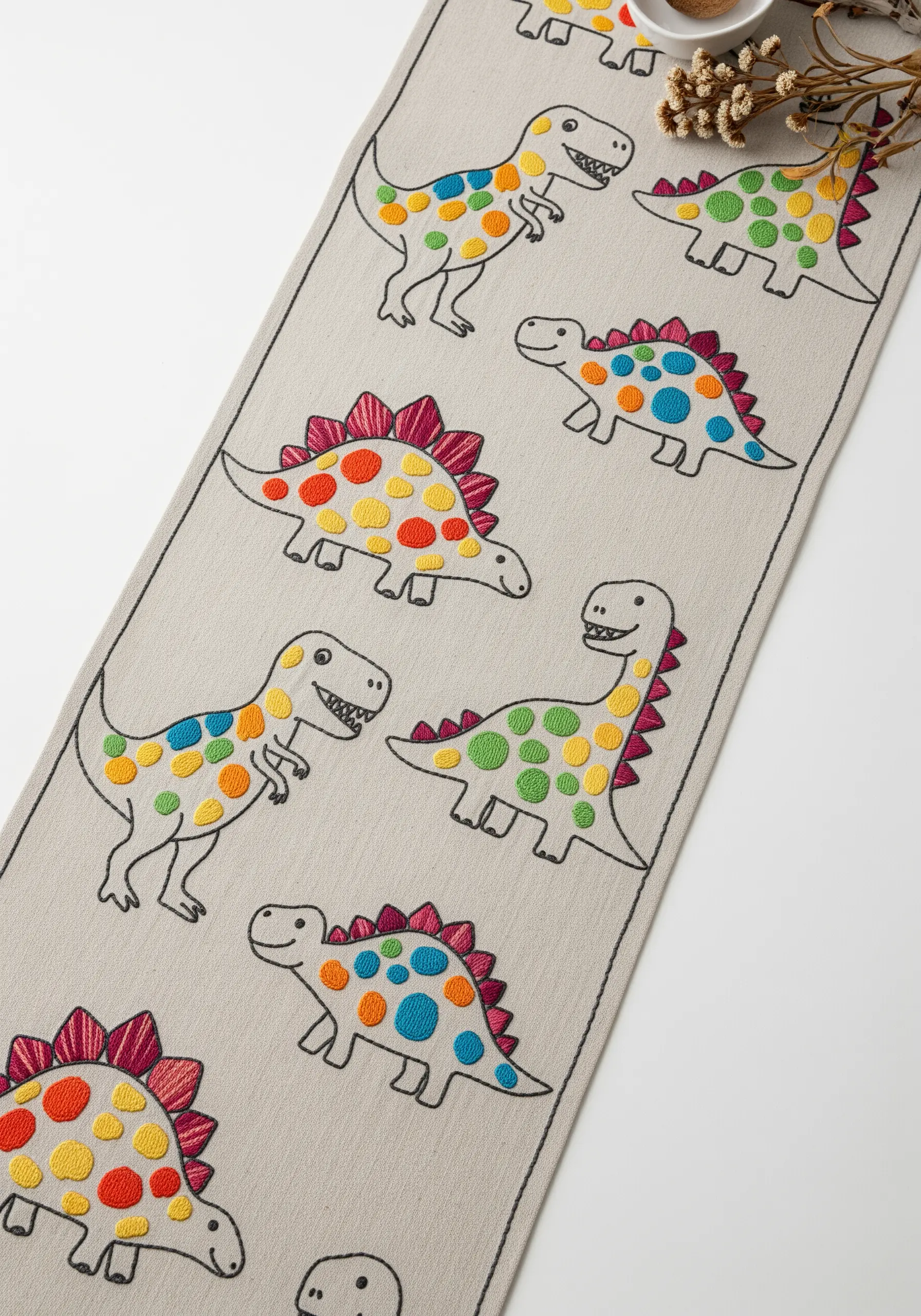Line-art dinosaurs on a table runner filled with colorful rainbow satin stitch spots.