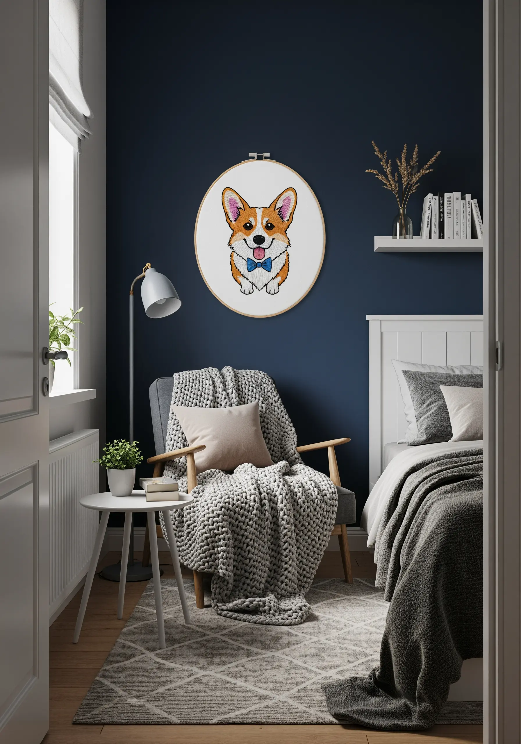 Cartoon-style corgi embroidery with a bold black outline in a hoop.