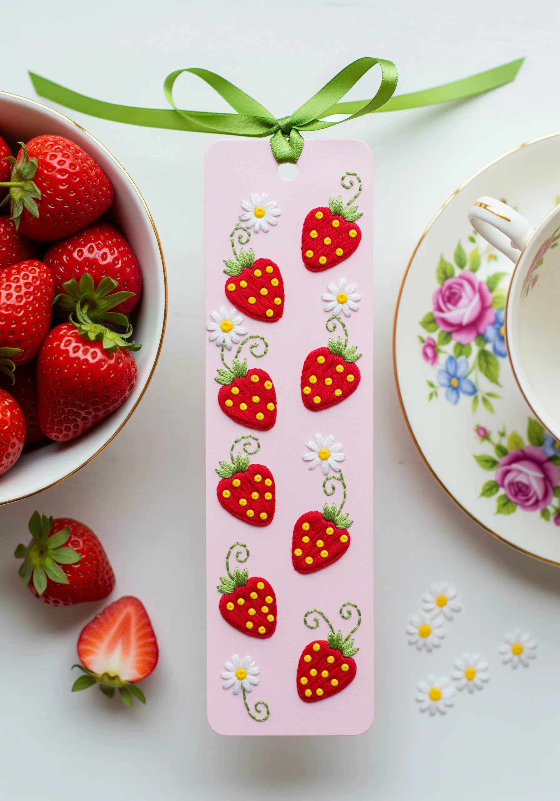 Padded satin stitch strawberries with French knot seeds on a pink paper bookmark.