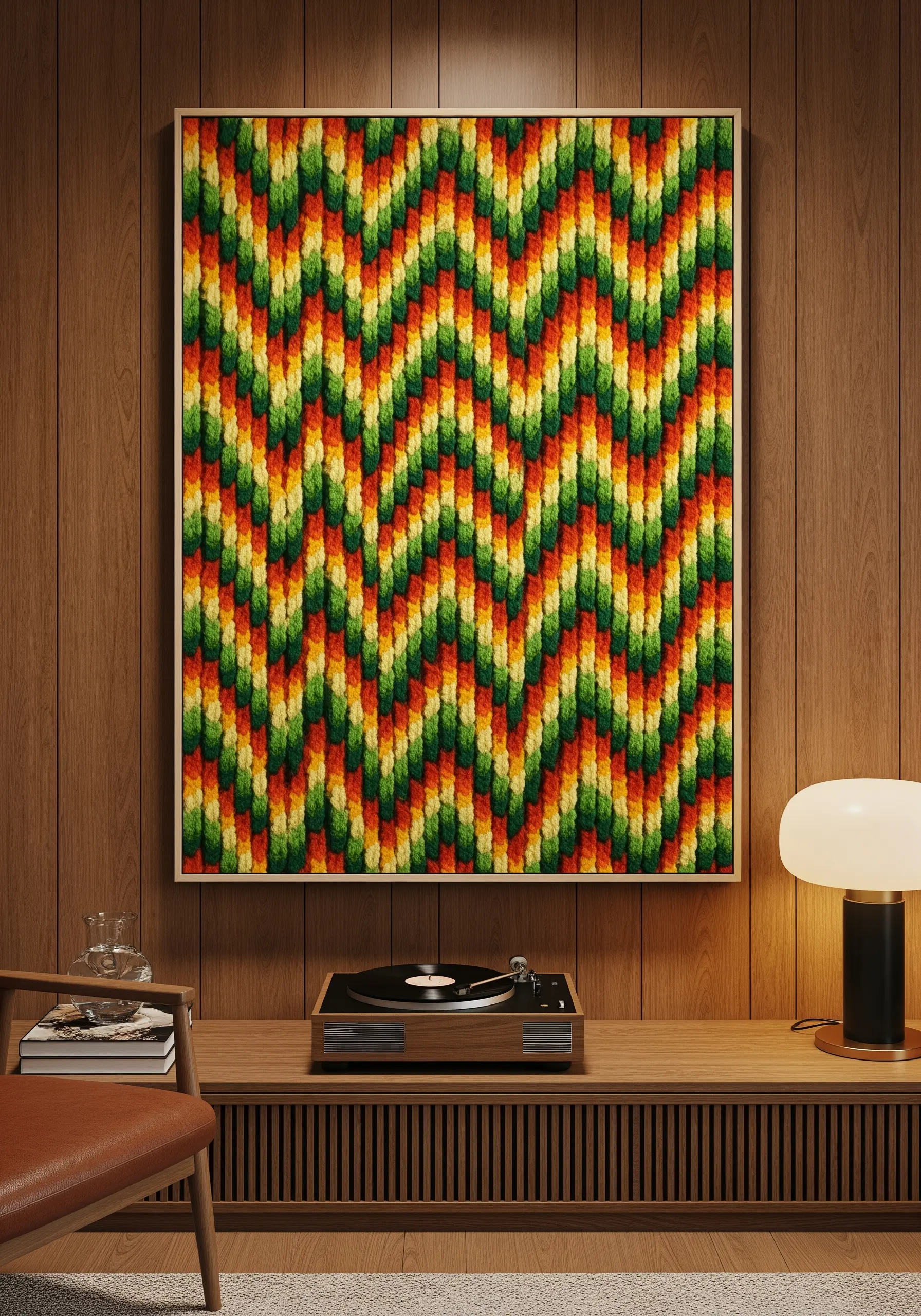 Framed embroidery with a colorful chevron pattern made from a plush, cut-pile stitch.