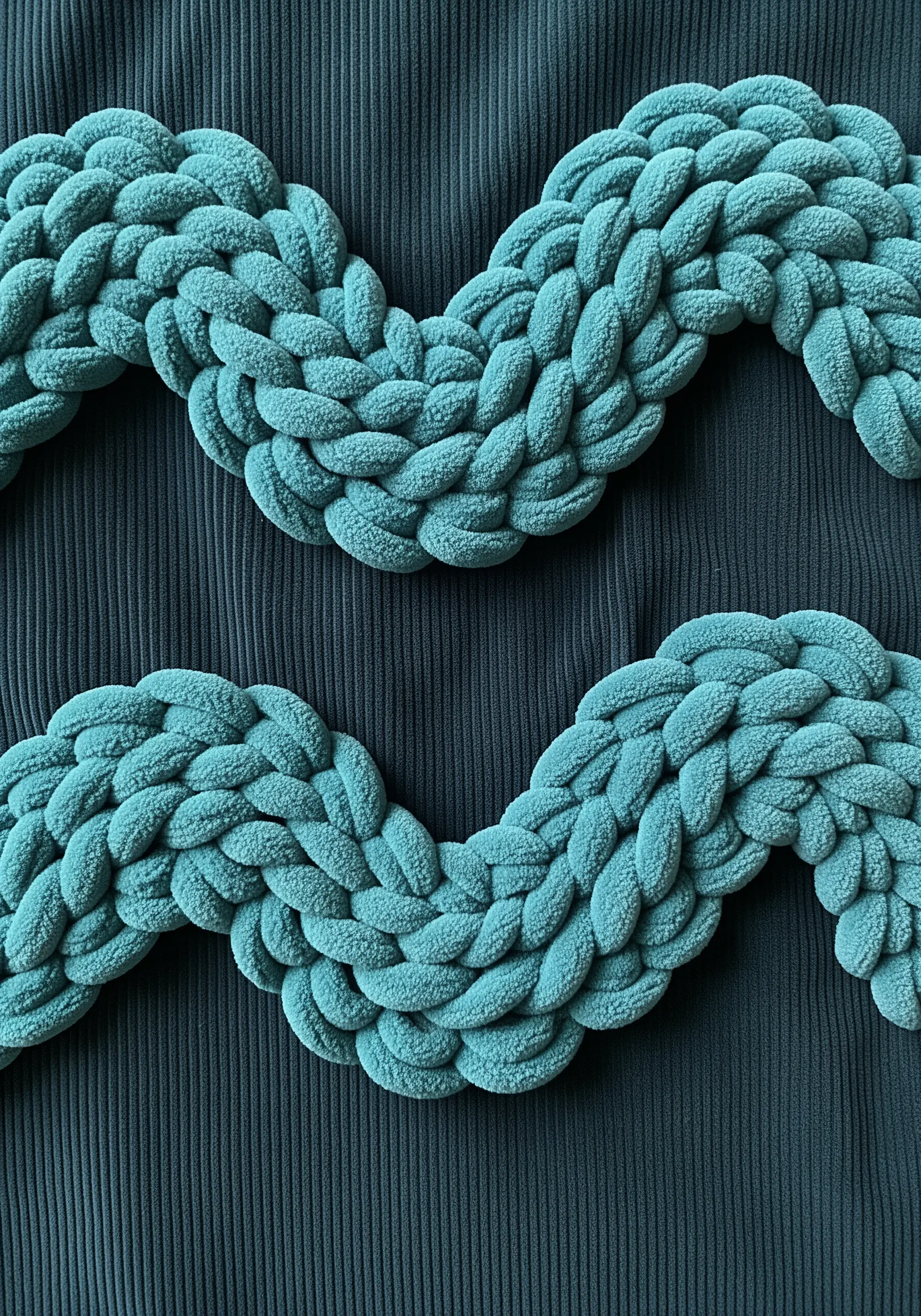 Chunky, braided teal chenille yarn applied in a wavy pattern to dark fabric.