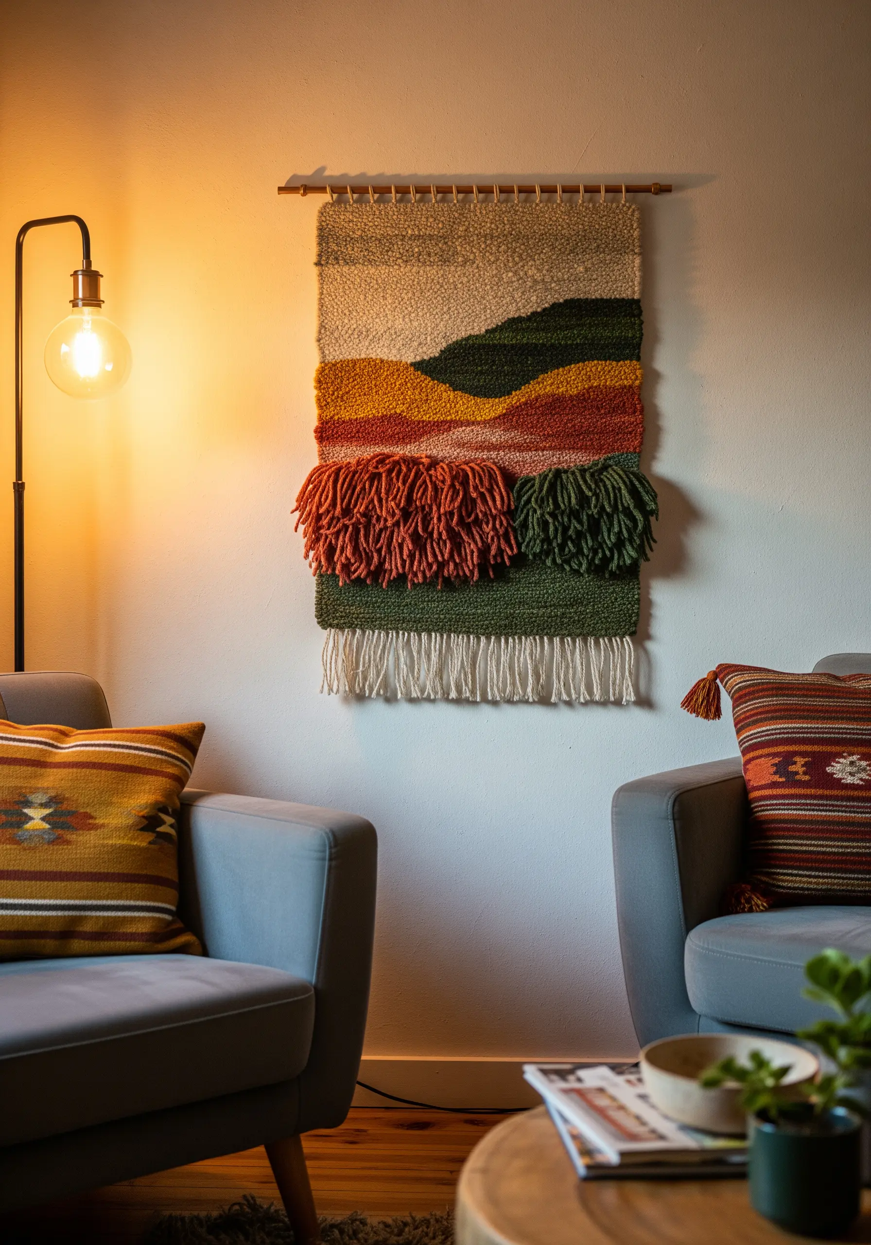 A woven wall hanging with sections of plush, shaggy Rya knots in orange and green.