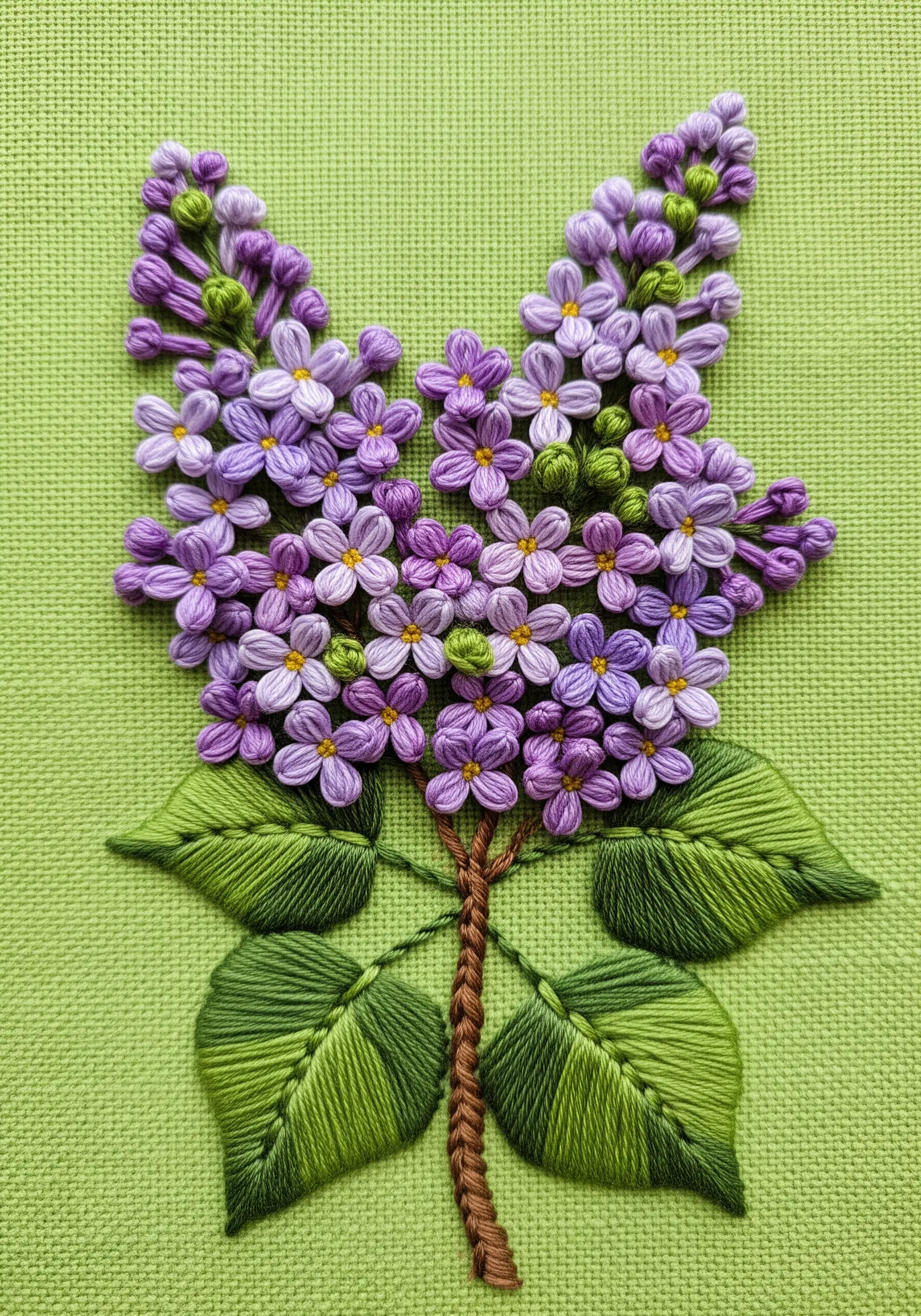 Purple lilac branch embroidery using French knots and small daisy stitches