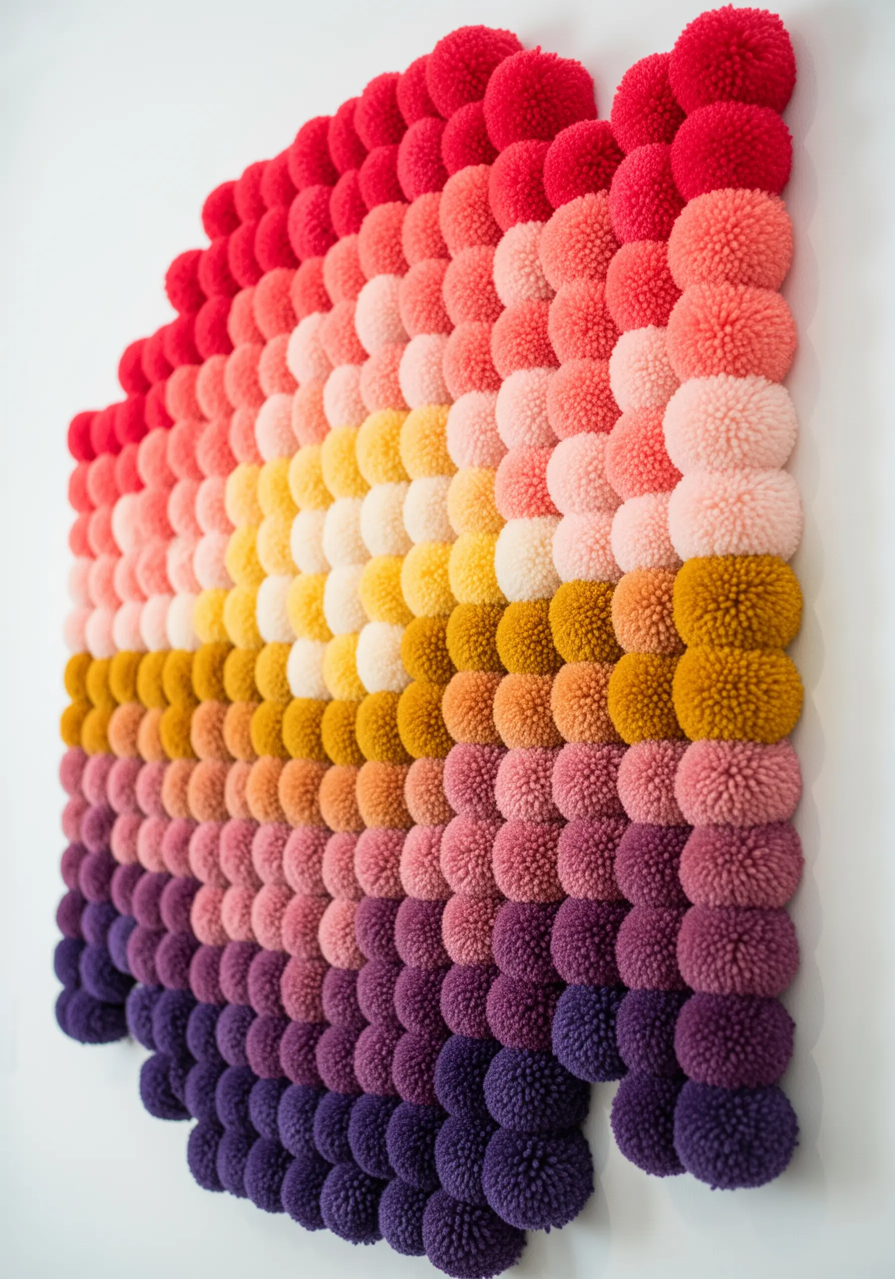 Wall art made of colorful yarn pom-poms arranged in a warm-to-cool gradient.