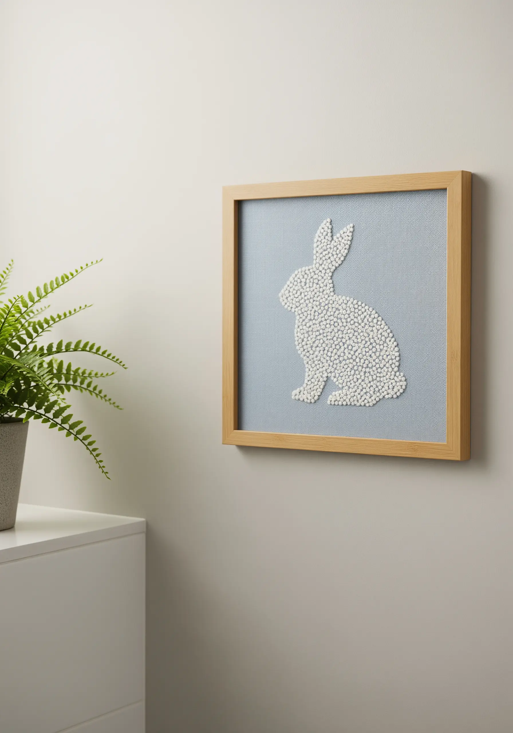 White rabbit silhouette filled with French knots on blue fabric