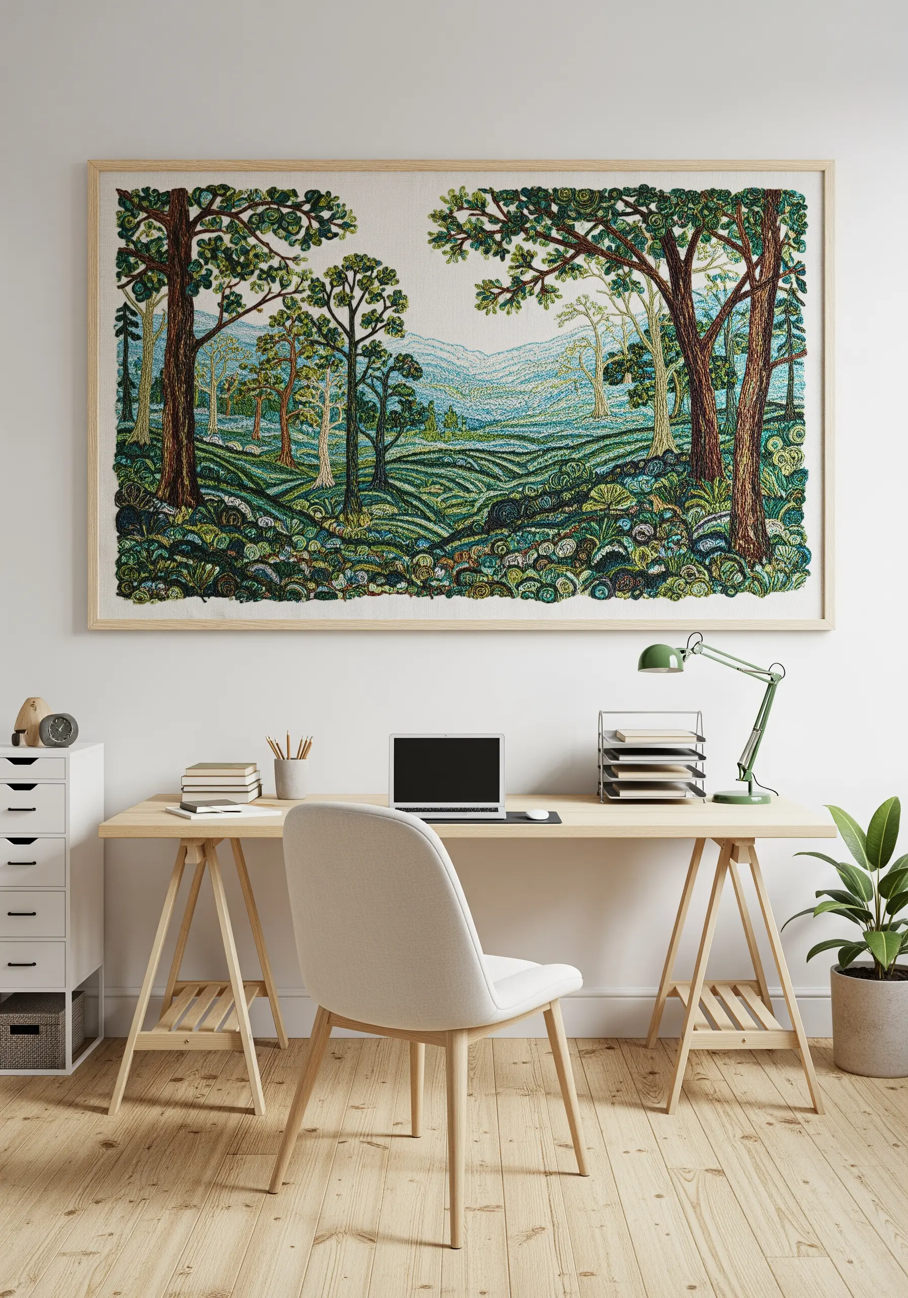 Large framed embroidery of a forest landscape made entirely of tiny French knots.