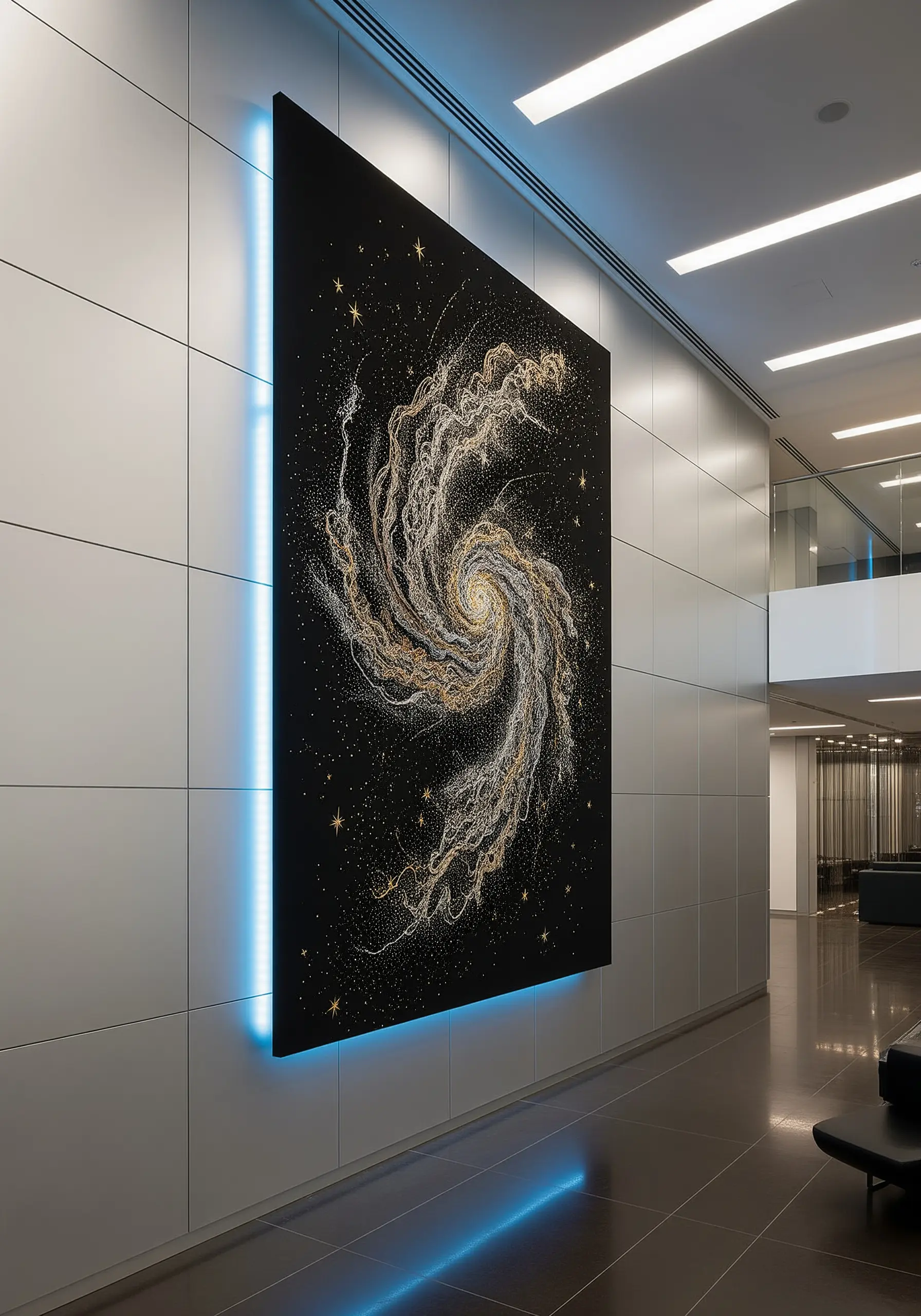 A large black canvas depicting a spiral galaxy made from thousands of gold and silver knots.