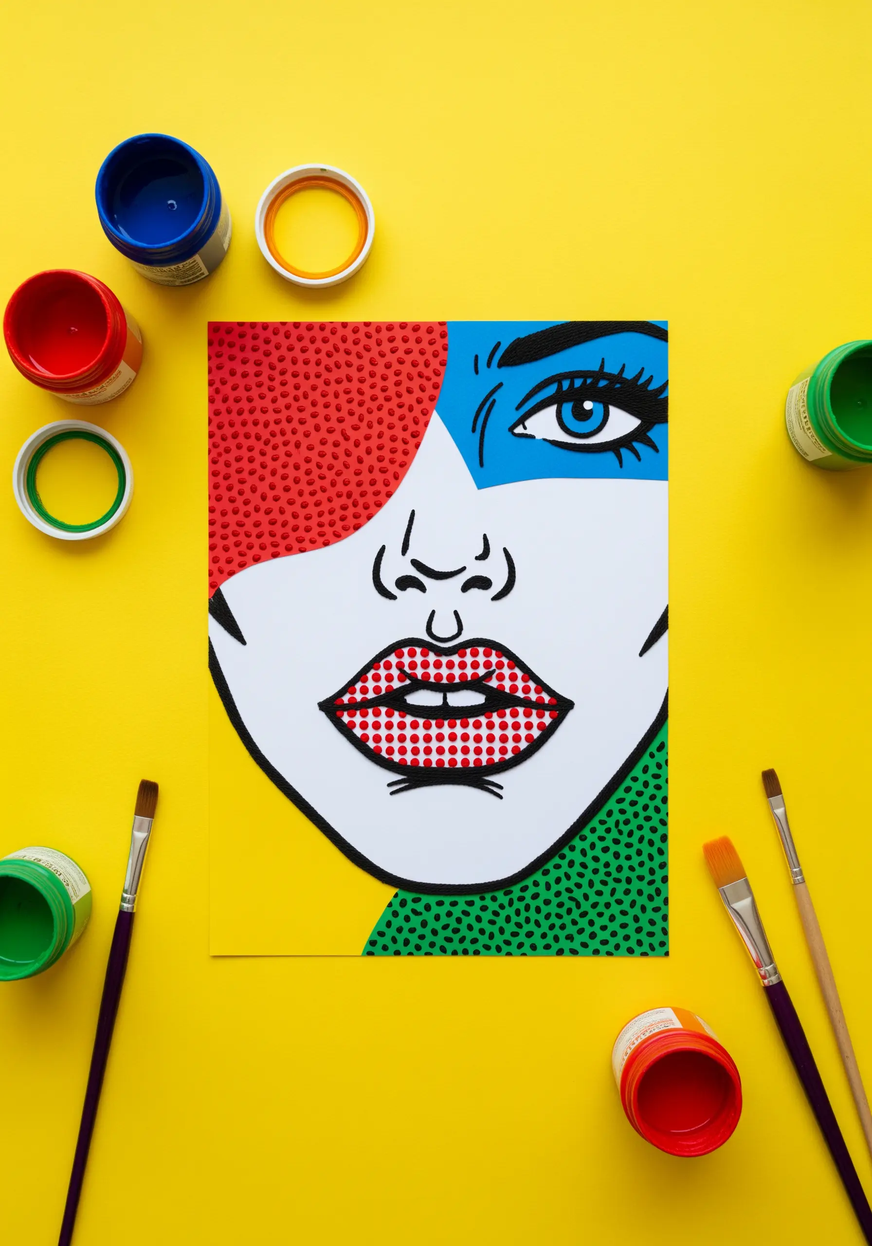 Pop Art style paper collage portrait with red French knots creating a dot pattern.