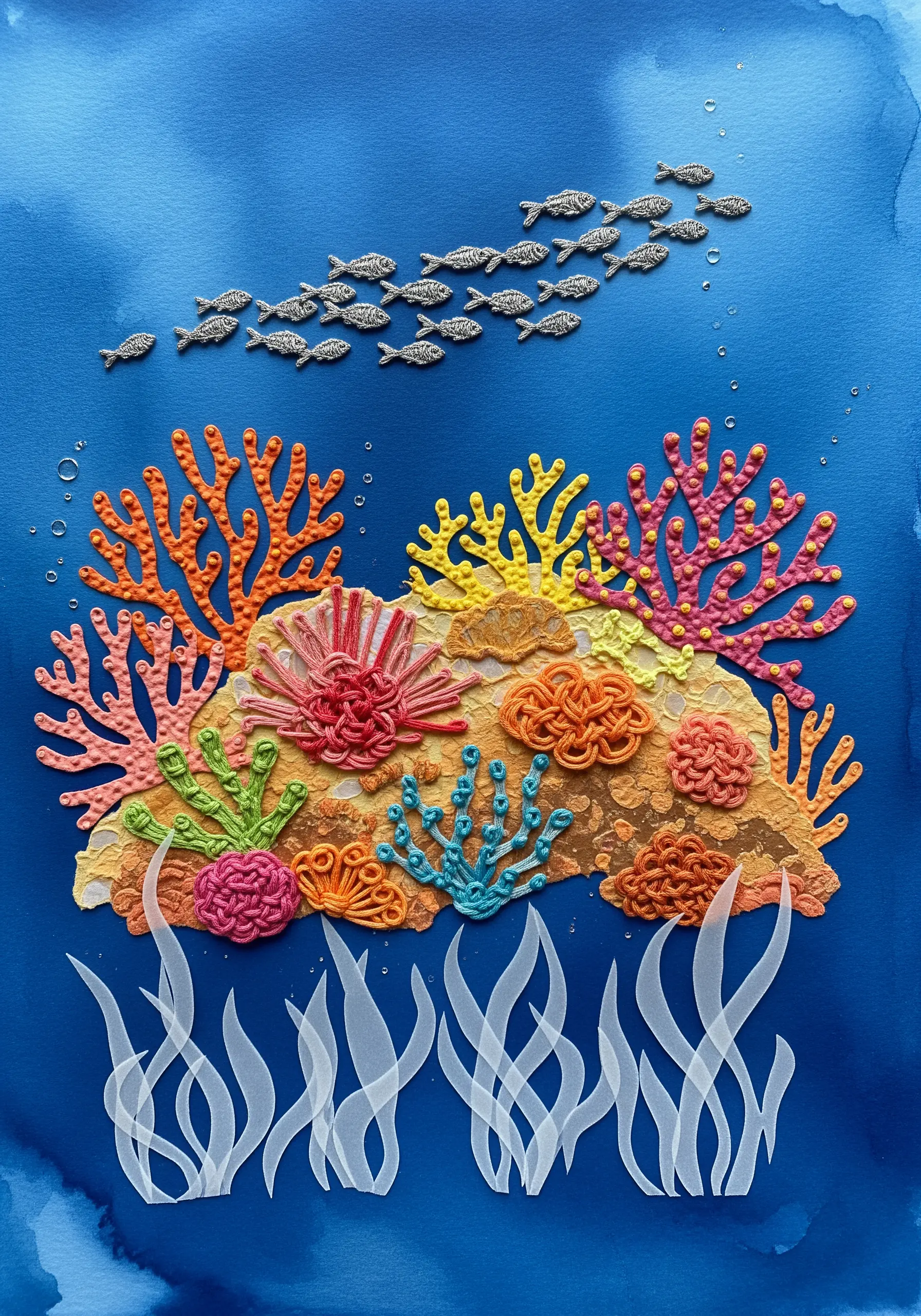 A colorful underwater scene with coral made from highly textural embroidery stitches on paper.