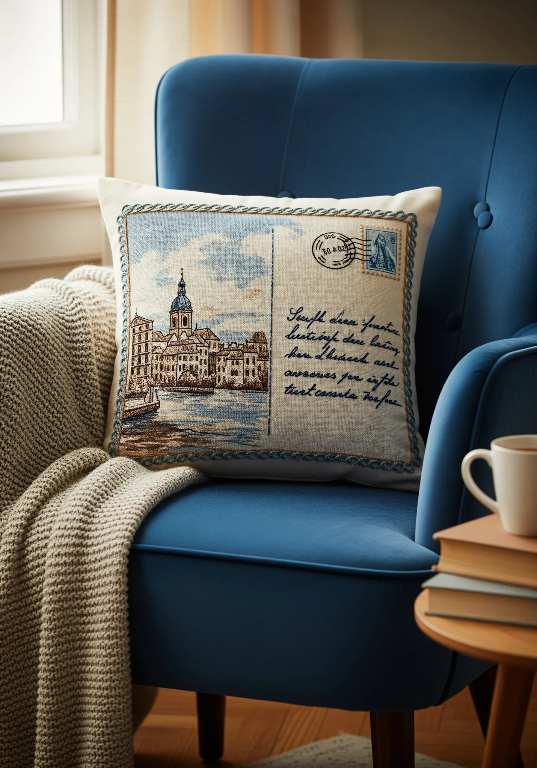 Pillow embroidered to look like a vintage postcard