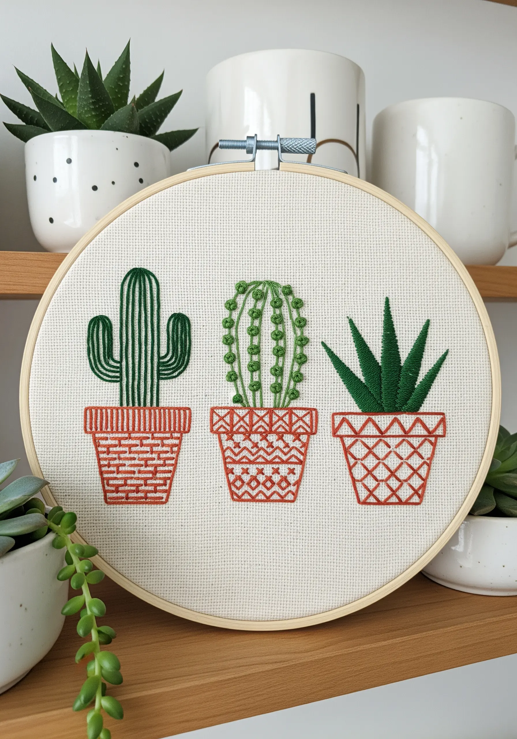 Embroidery of three cacti in terracotta pots decorated with intricate geometric line patterns.
