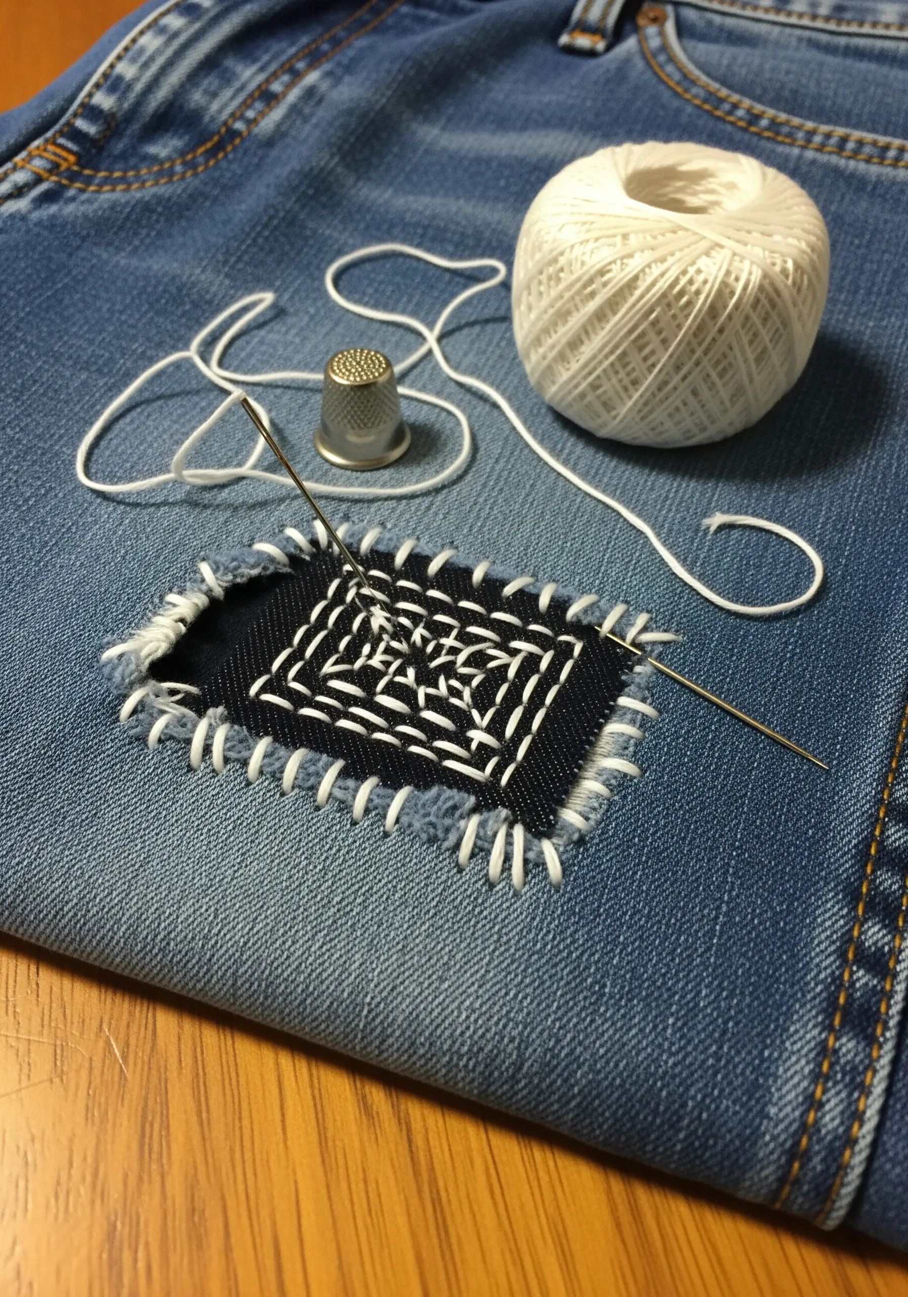 A close-up of a geometric sashiko mending patch stitched with white thread on denim jeans.