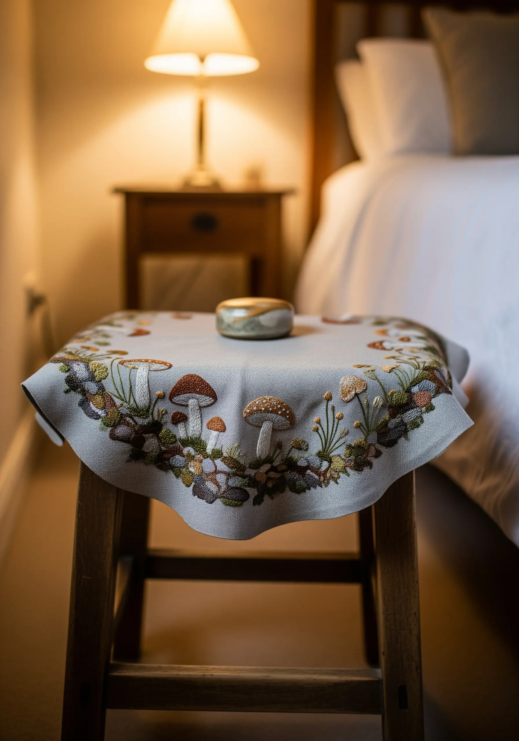 A beautifully detailed table topper with an embroidered border of mushrooms, moss, and foliage.