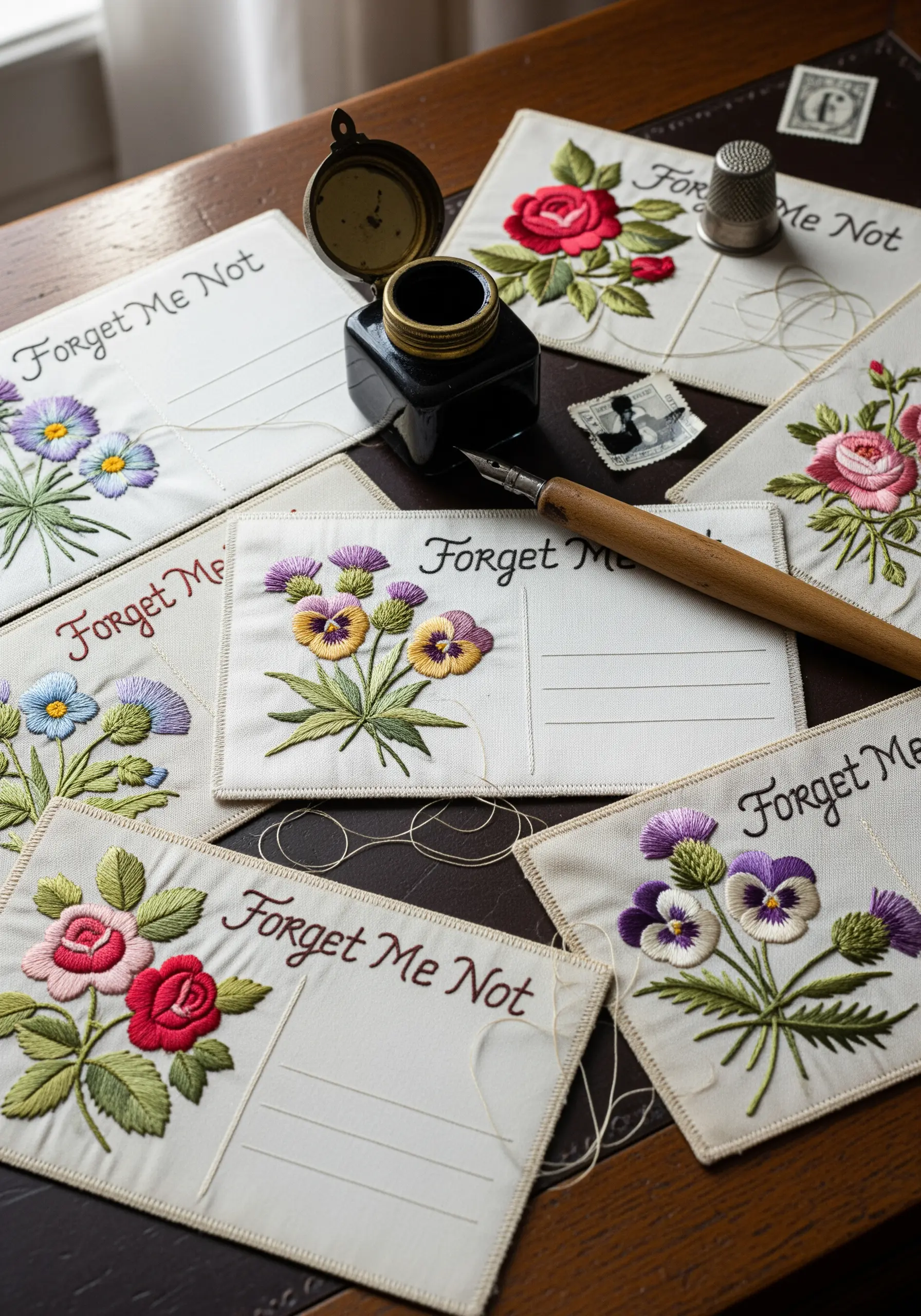 Embroidered floral postcards with Forget Me Not text