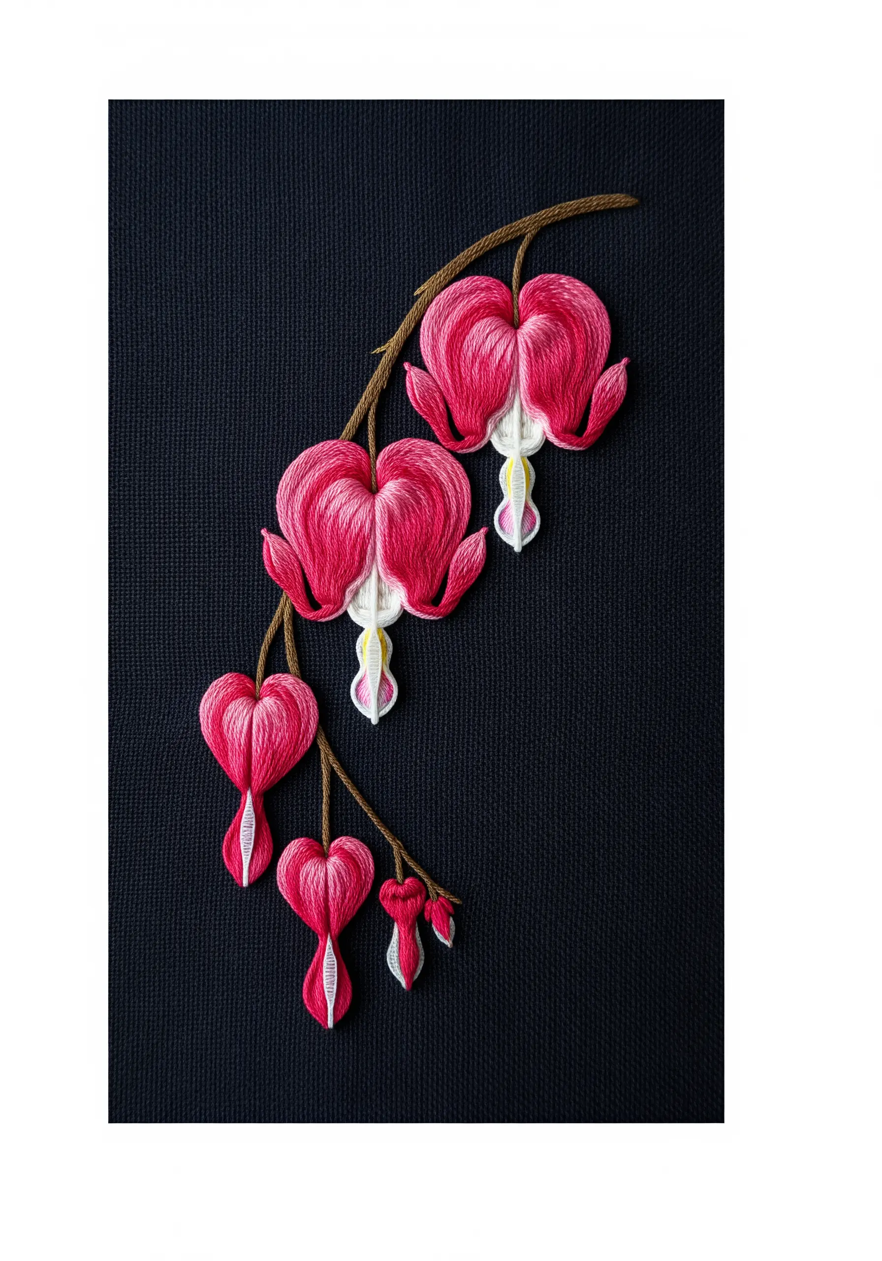 Pink and white bleeding heart flowers hanging from a branch embroidery