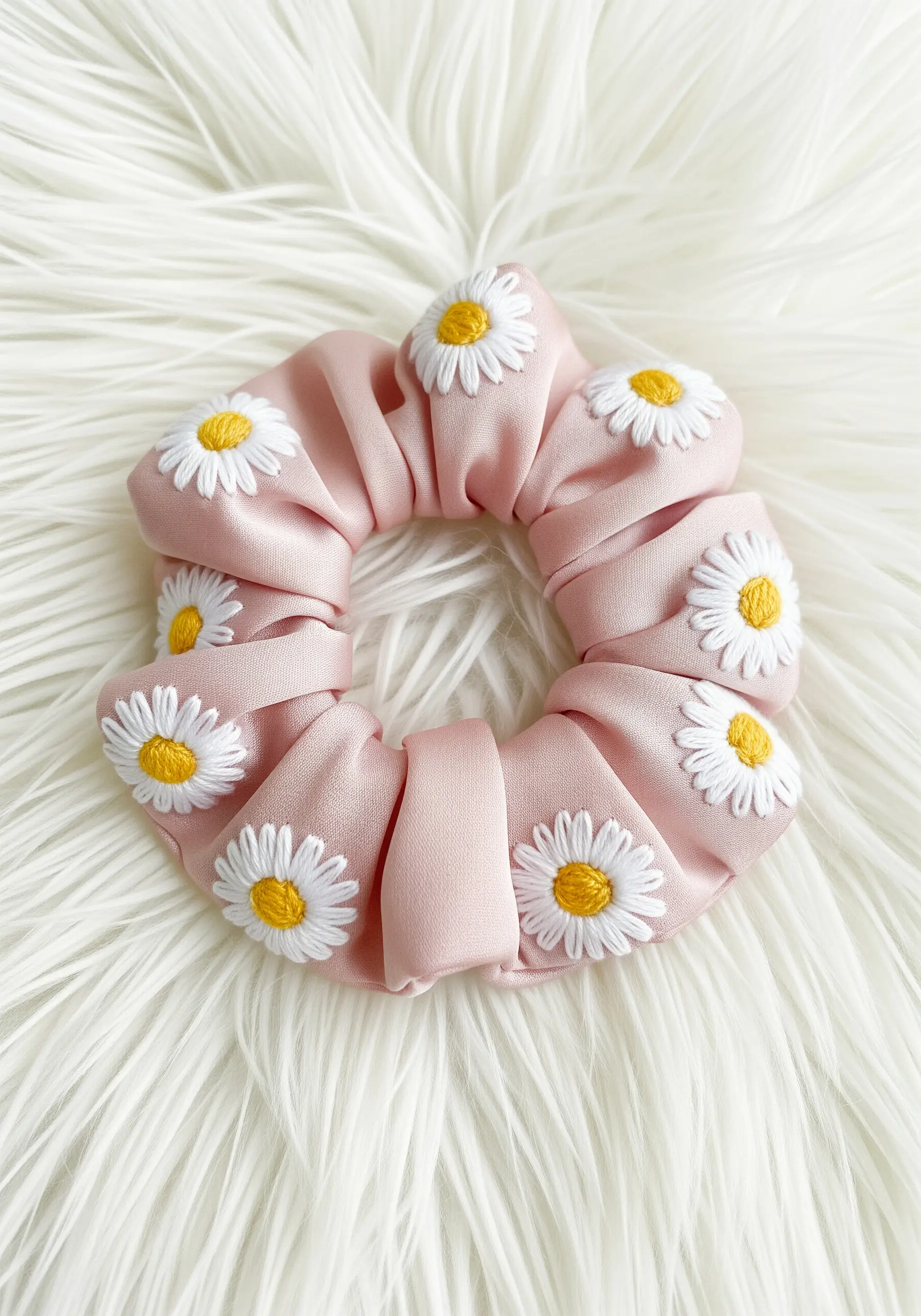 White satin stitch daisies on pink silk scrunchie