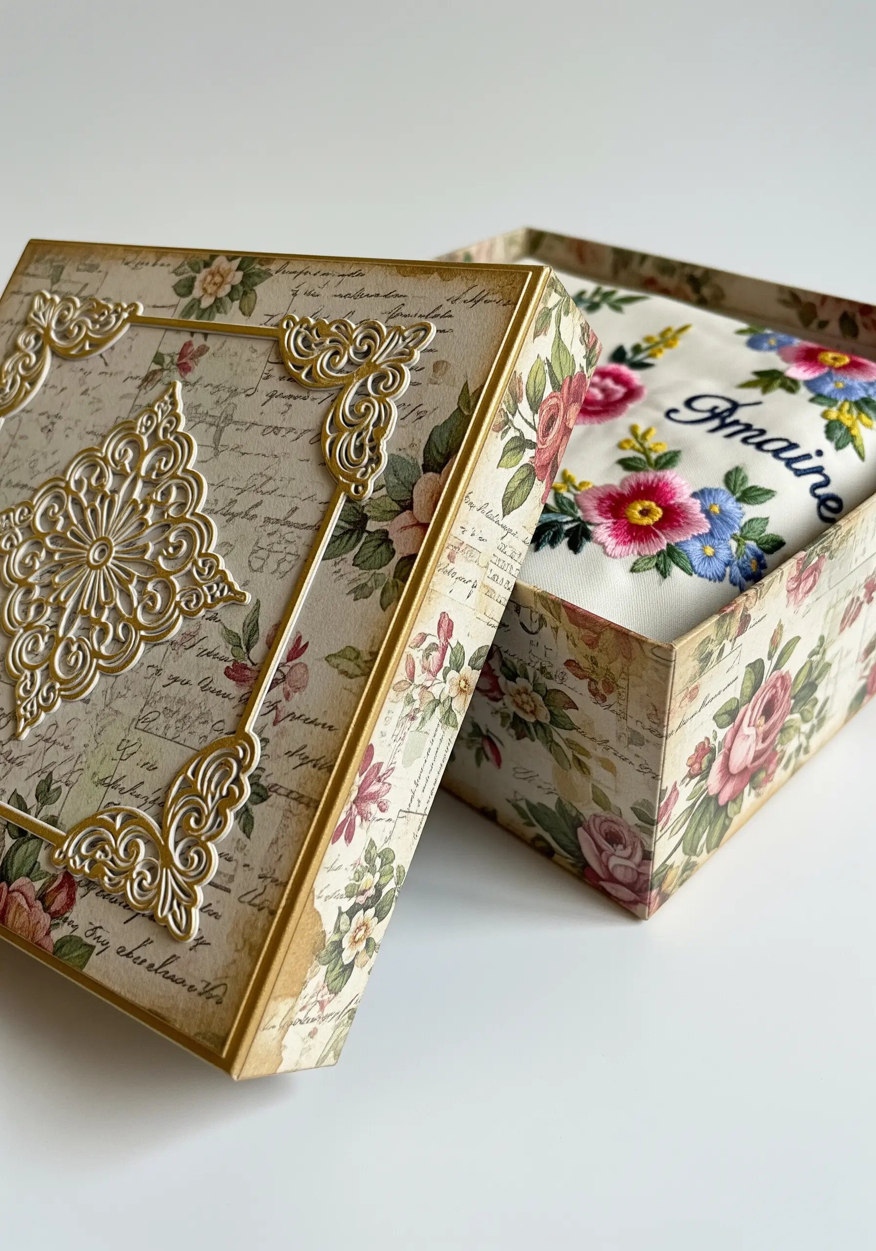 An embroidered floral textile placed inside a vintage-style floral decoupage box.