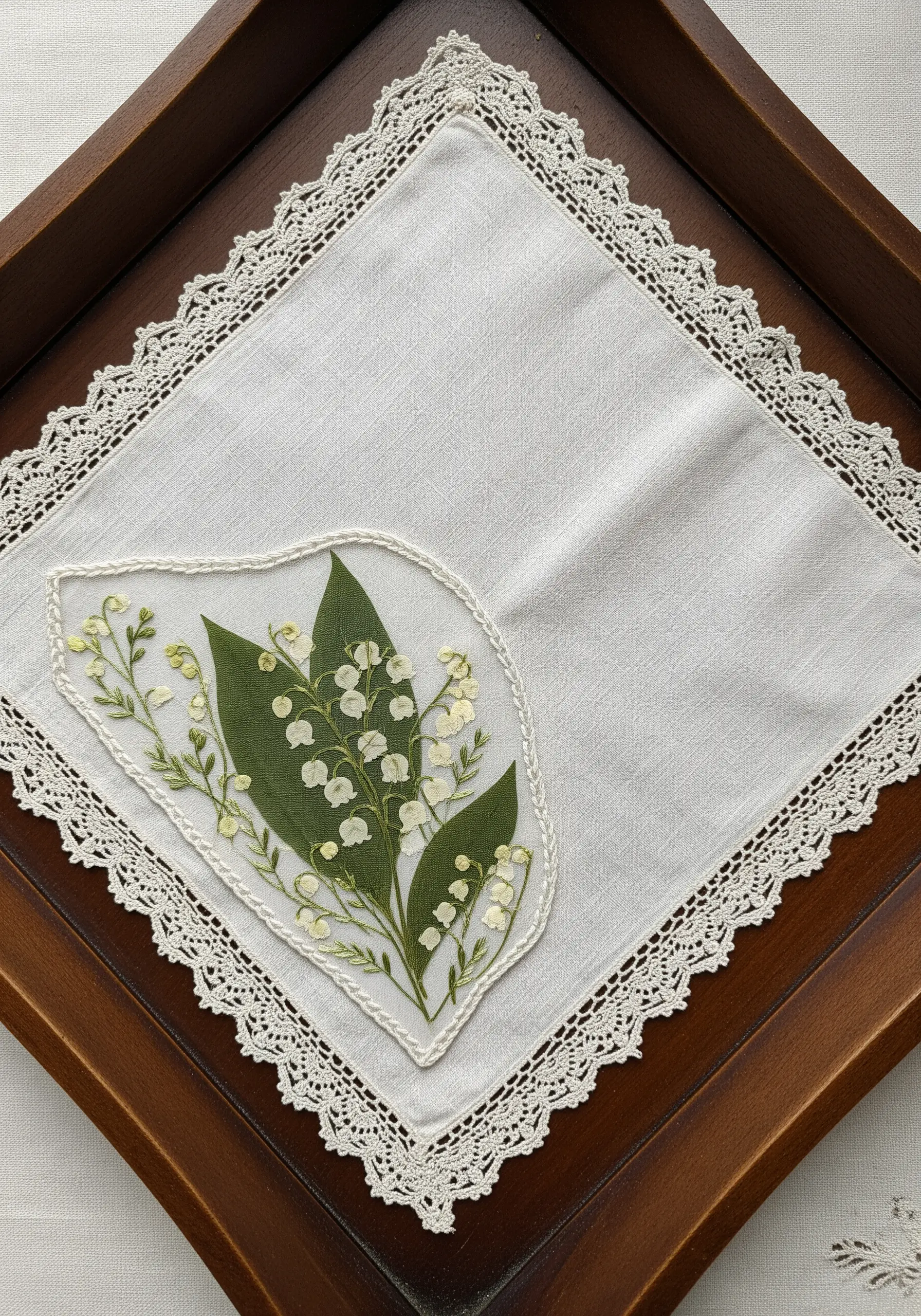 A pressed Lily of the Valley arrangement stitched onto a vintage lace handkerchief.