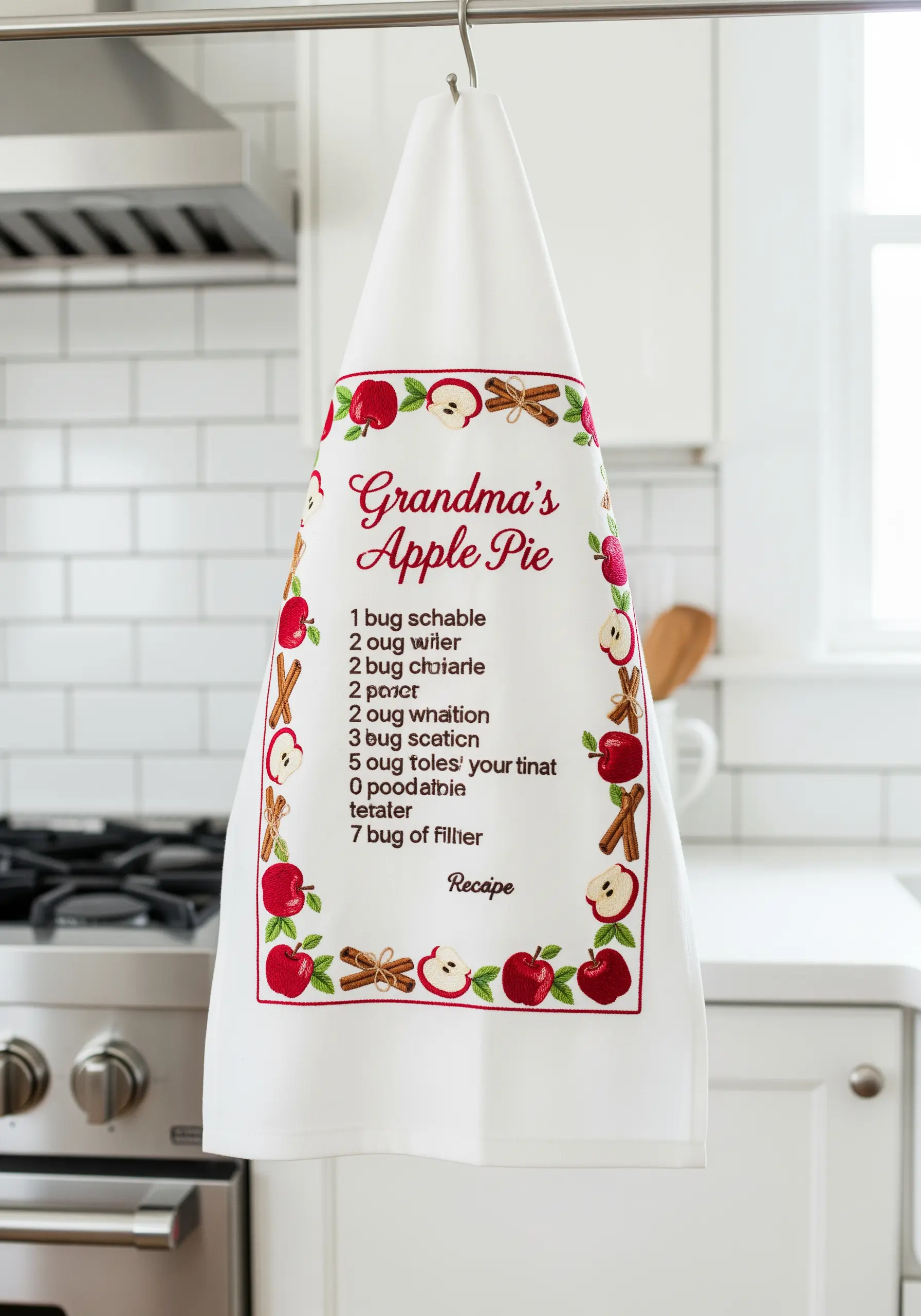 A white kitchen towel embroidered with a handwritten family recipe for apple pie.