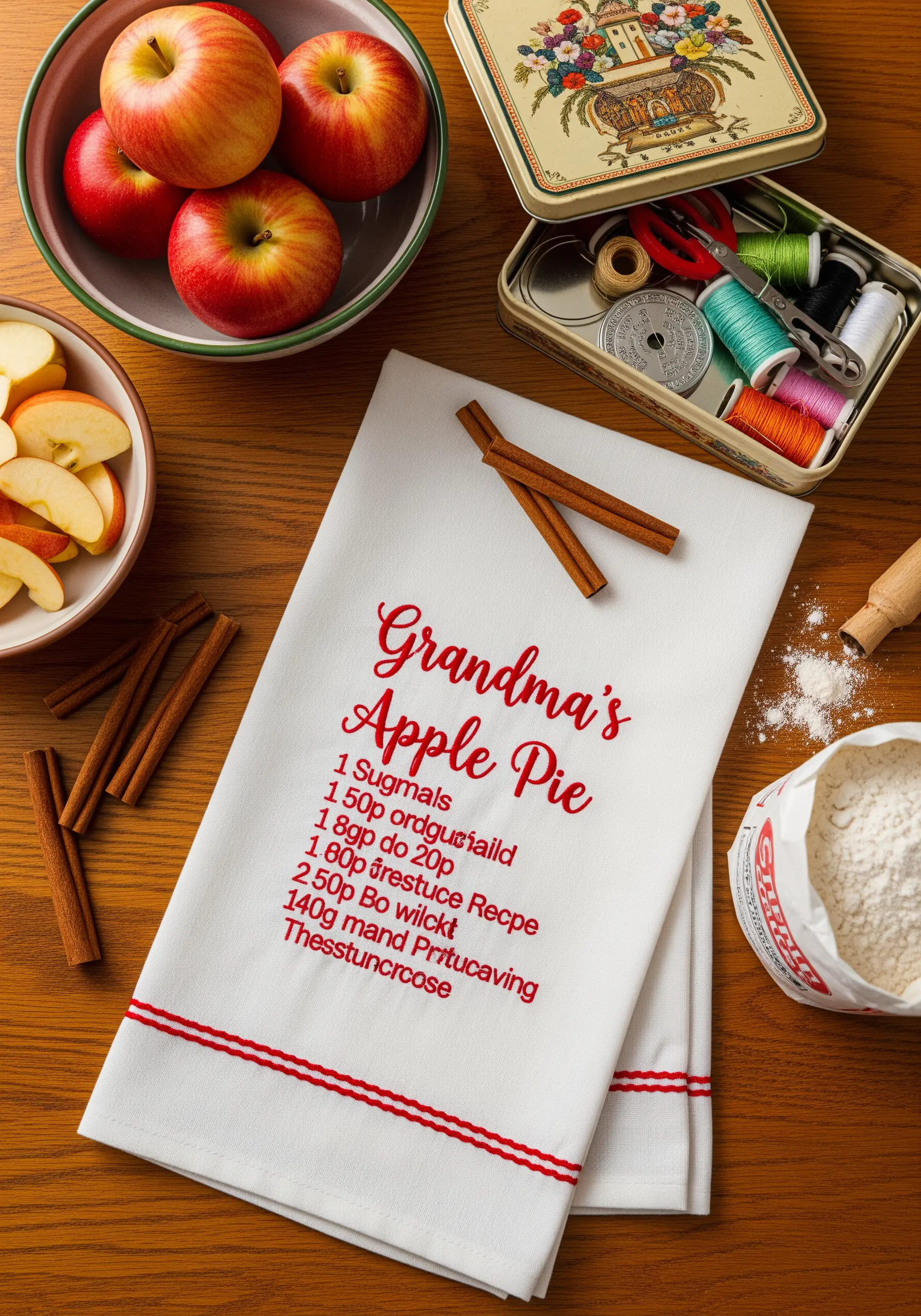 A white tea towel embroidered with a red 'Grandma's Apple Pie' recipe.