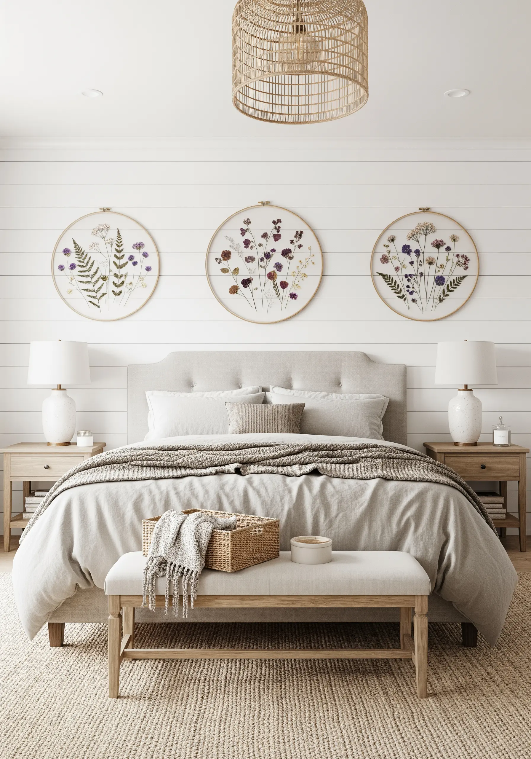 Three embroidery hoops showcasing real pressed flowers stitched onto sheer fabric.