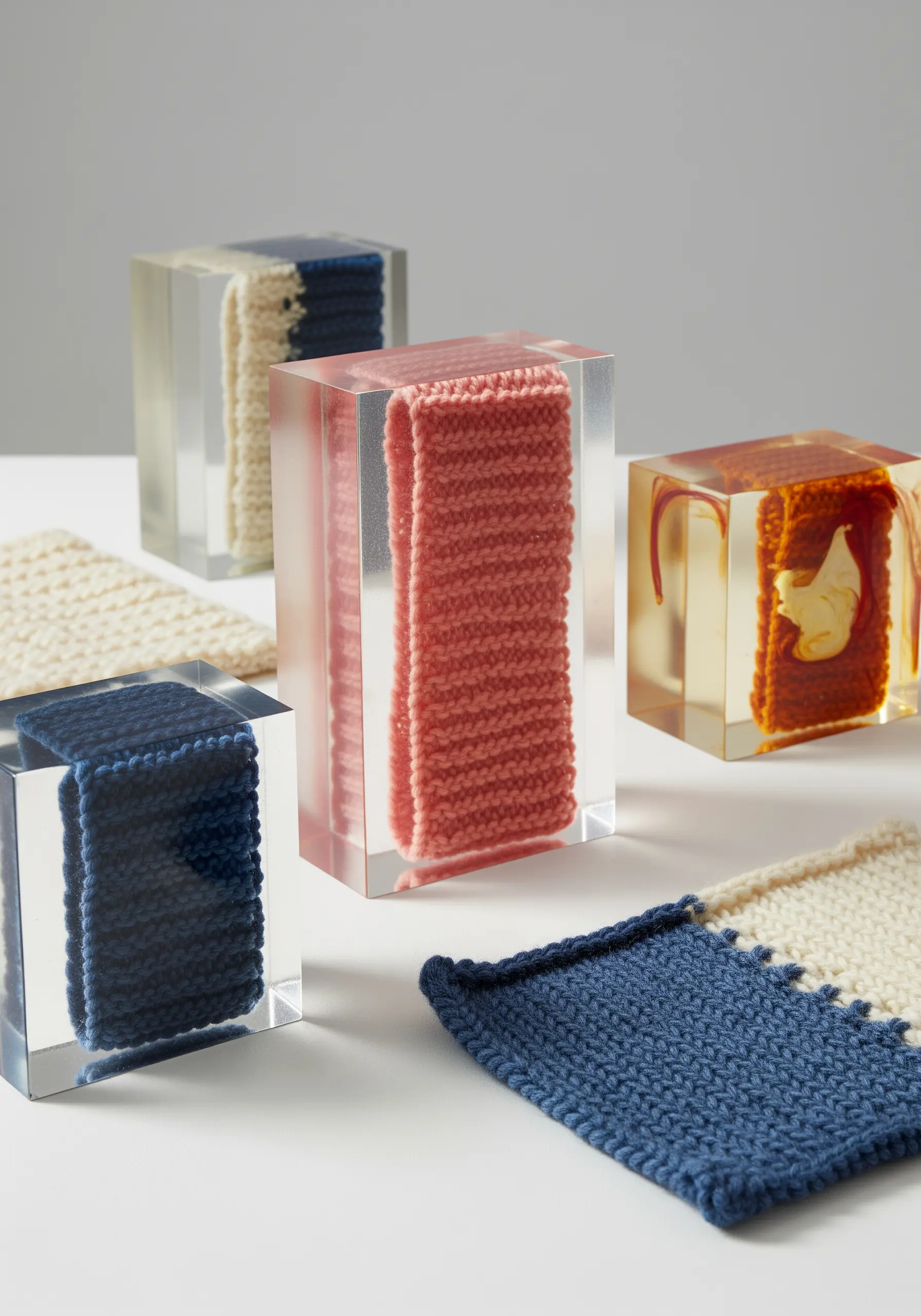Knitted fabric swatches in blue, pink, and cream, some of which are encased in clear resin blocks.