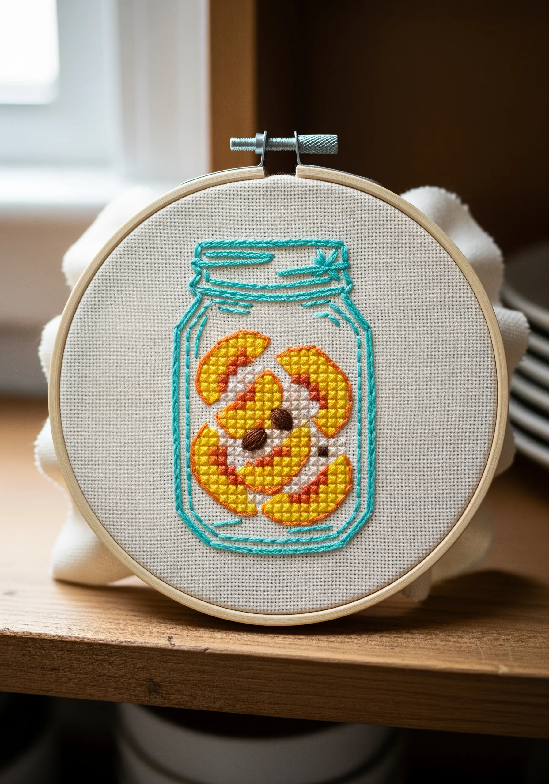 Cross-stitch style embroidery of peaches in a glass jar
