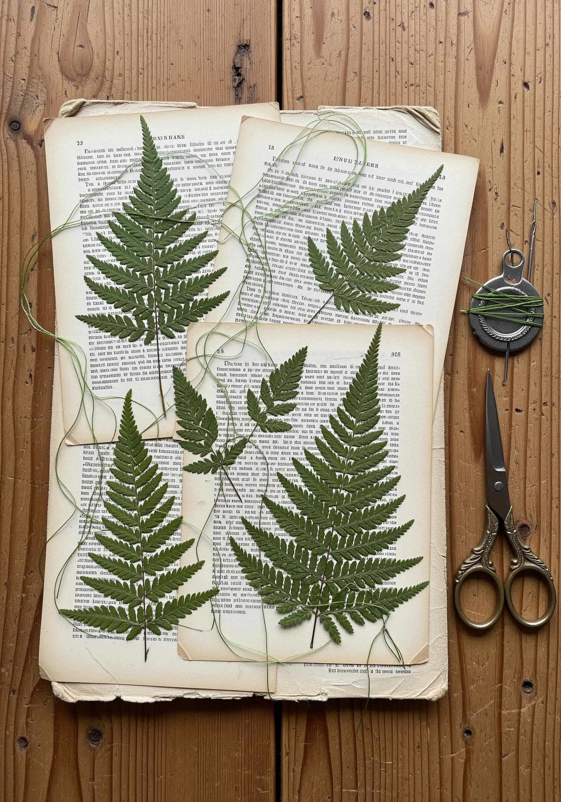Stitching dried ferns onto vintage book pages with green thread