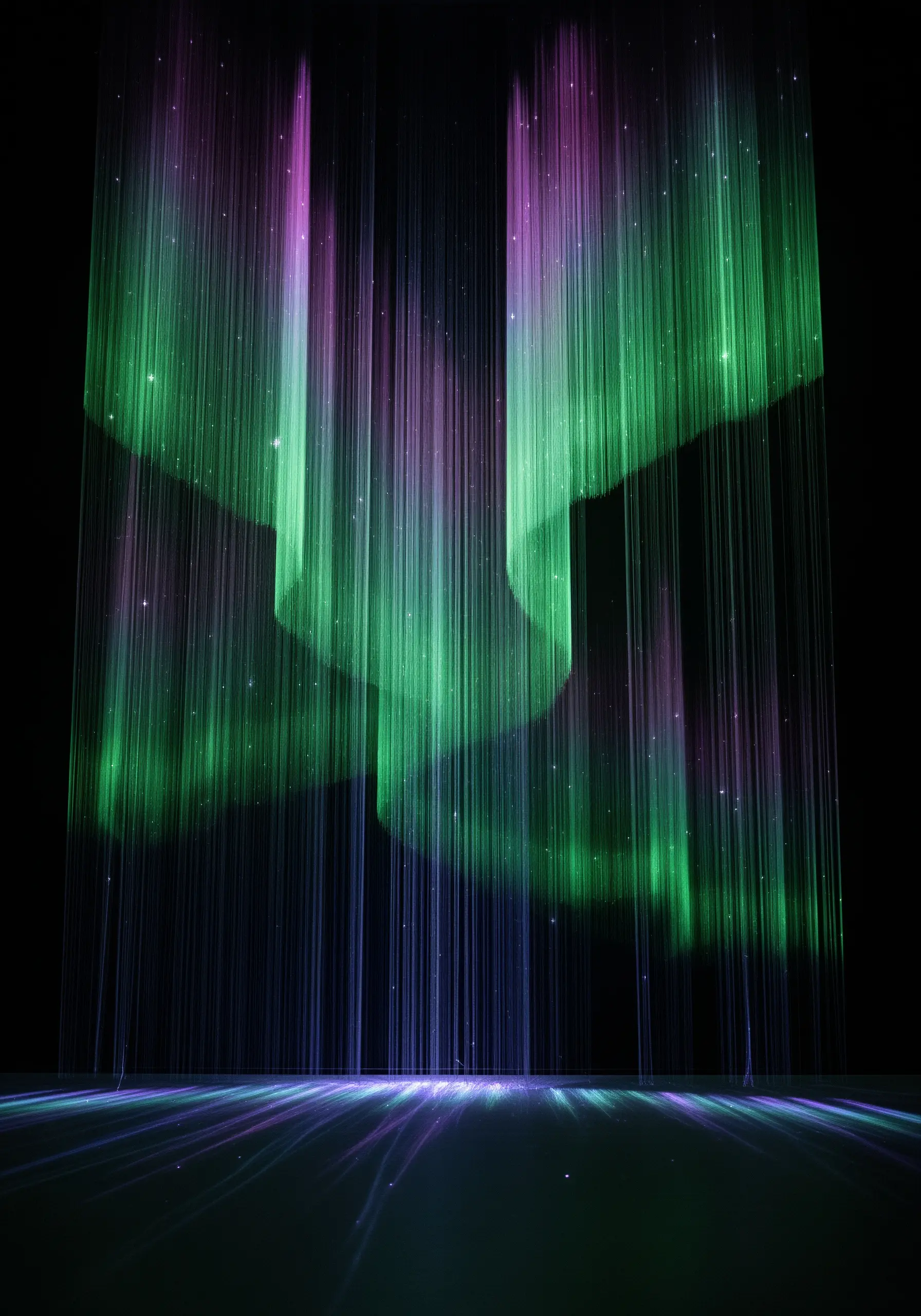 A projection of the aurora borealis onto a curtain of hanging threads in a dark room.