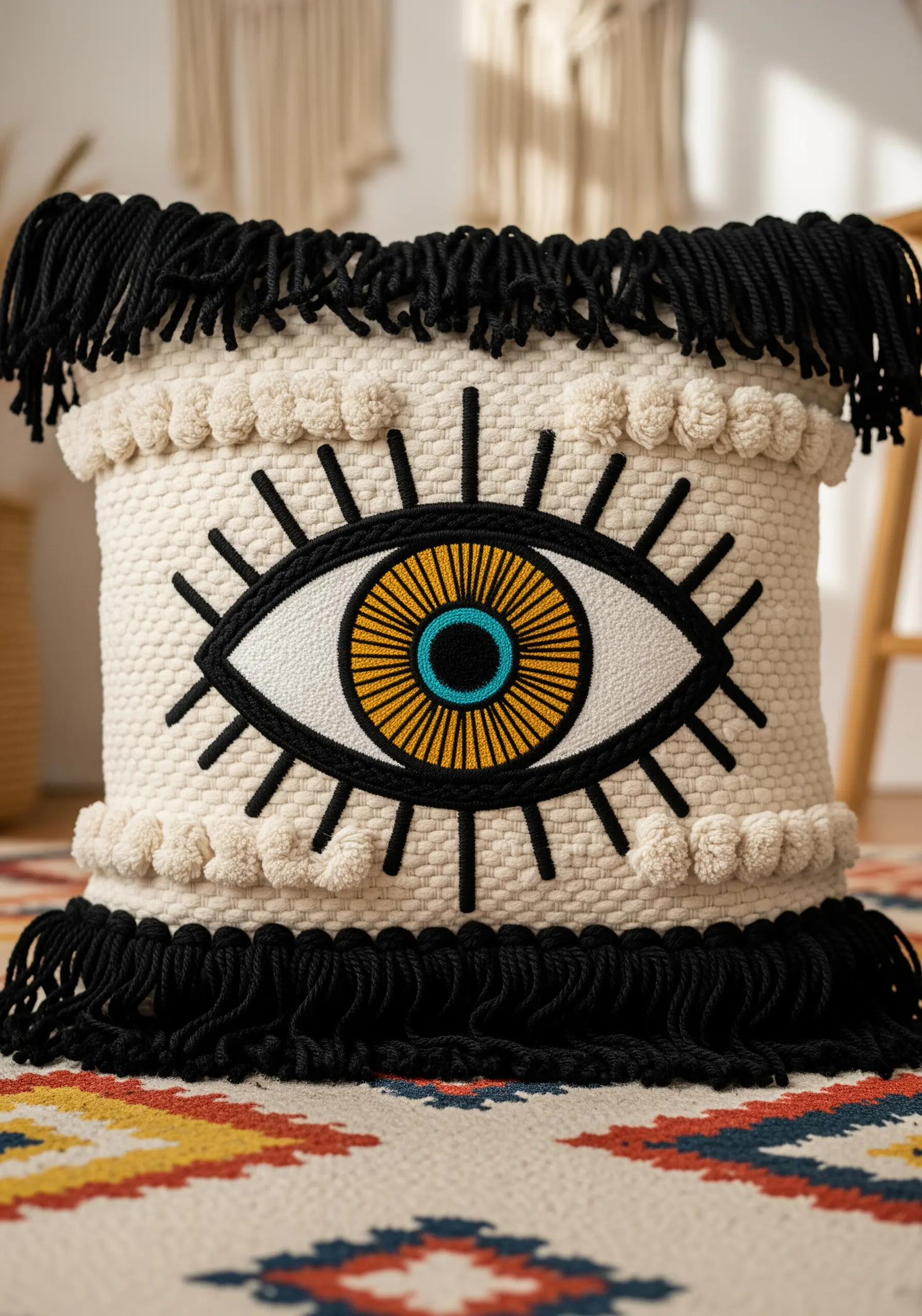A stylized eye embroidered on a woven-texture pillow with thick black fringe.