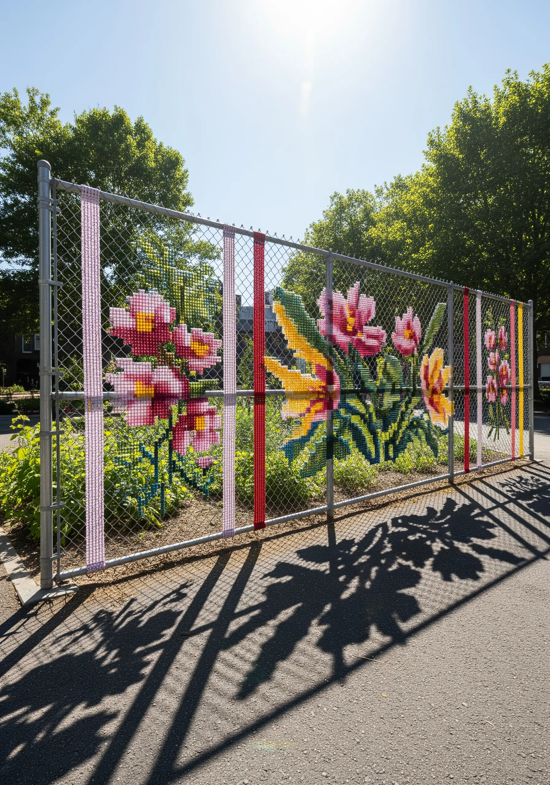 A chain-link fence decorated with large pixelated flowers made from woven strips of colorful fabric.