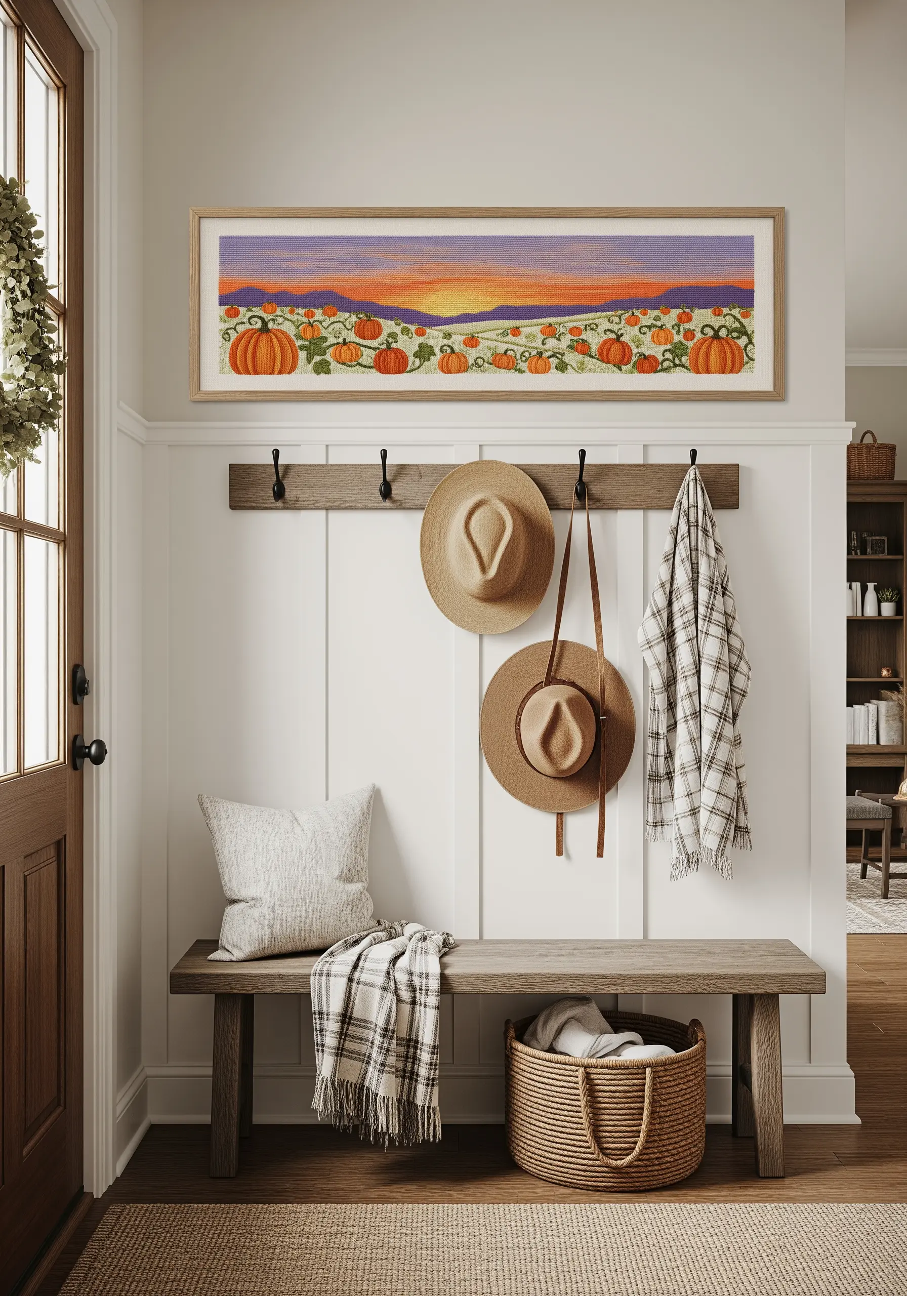 A panoramic embroidery of a pumpkin patch at sunset, with a blended orange and purple sky.