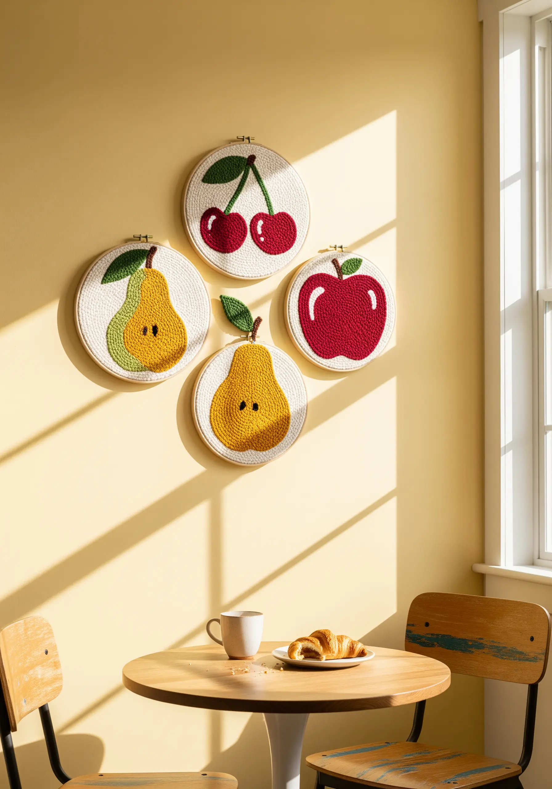 Textured punch needle embroidery of pears and apples
