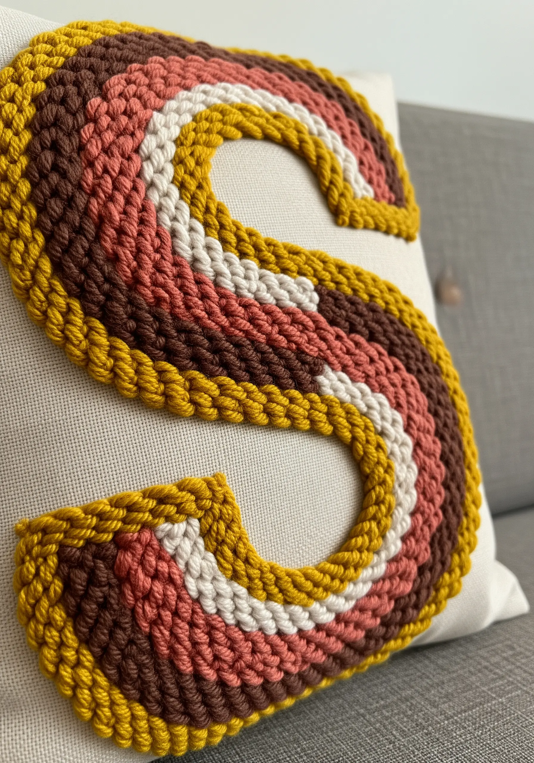 Punch needle texture letter S with gradient yarn colors