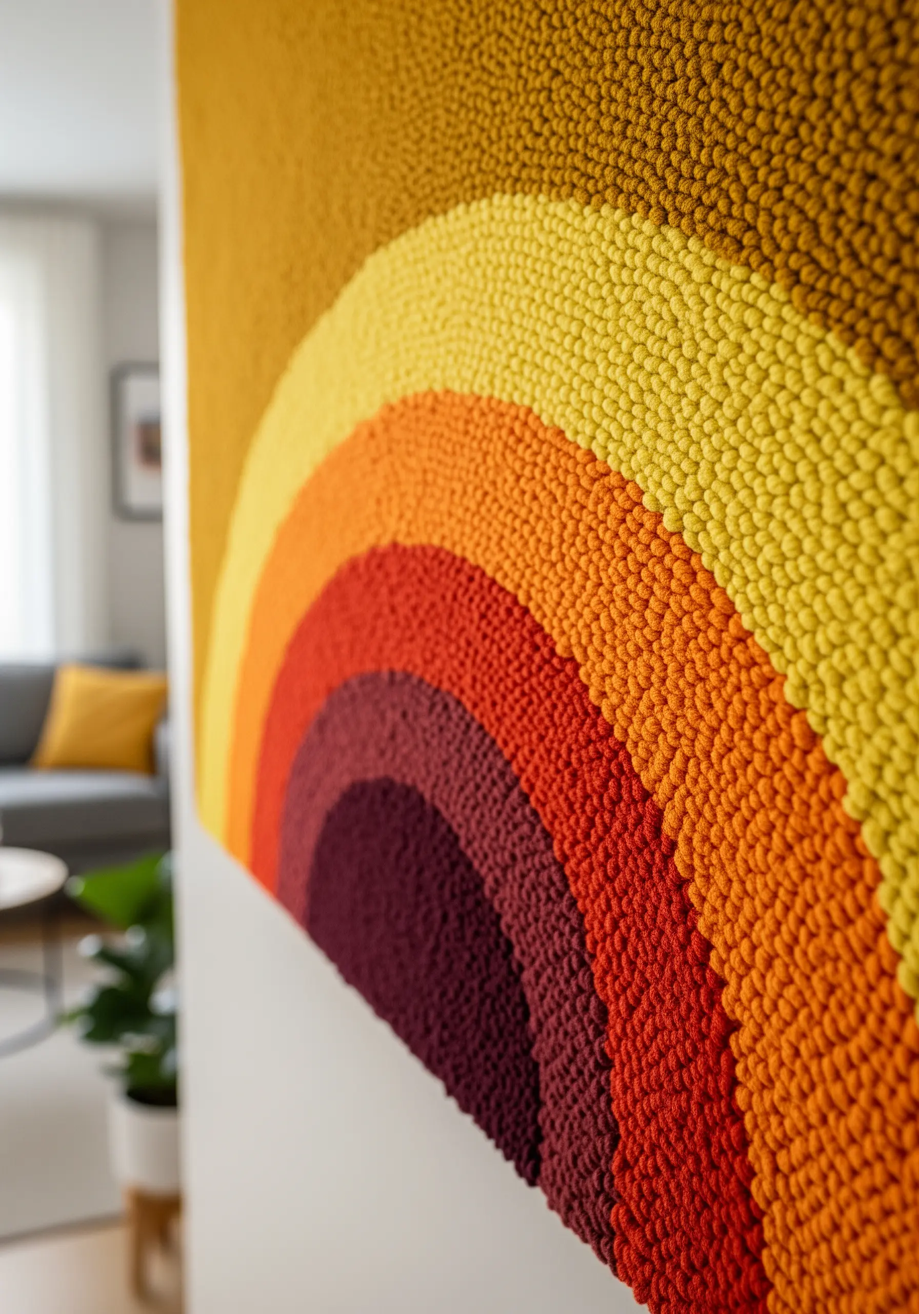 Close up of a punch needle wall hanging with rainbow arches in yellow, orange and maroon