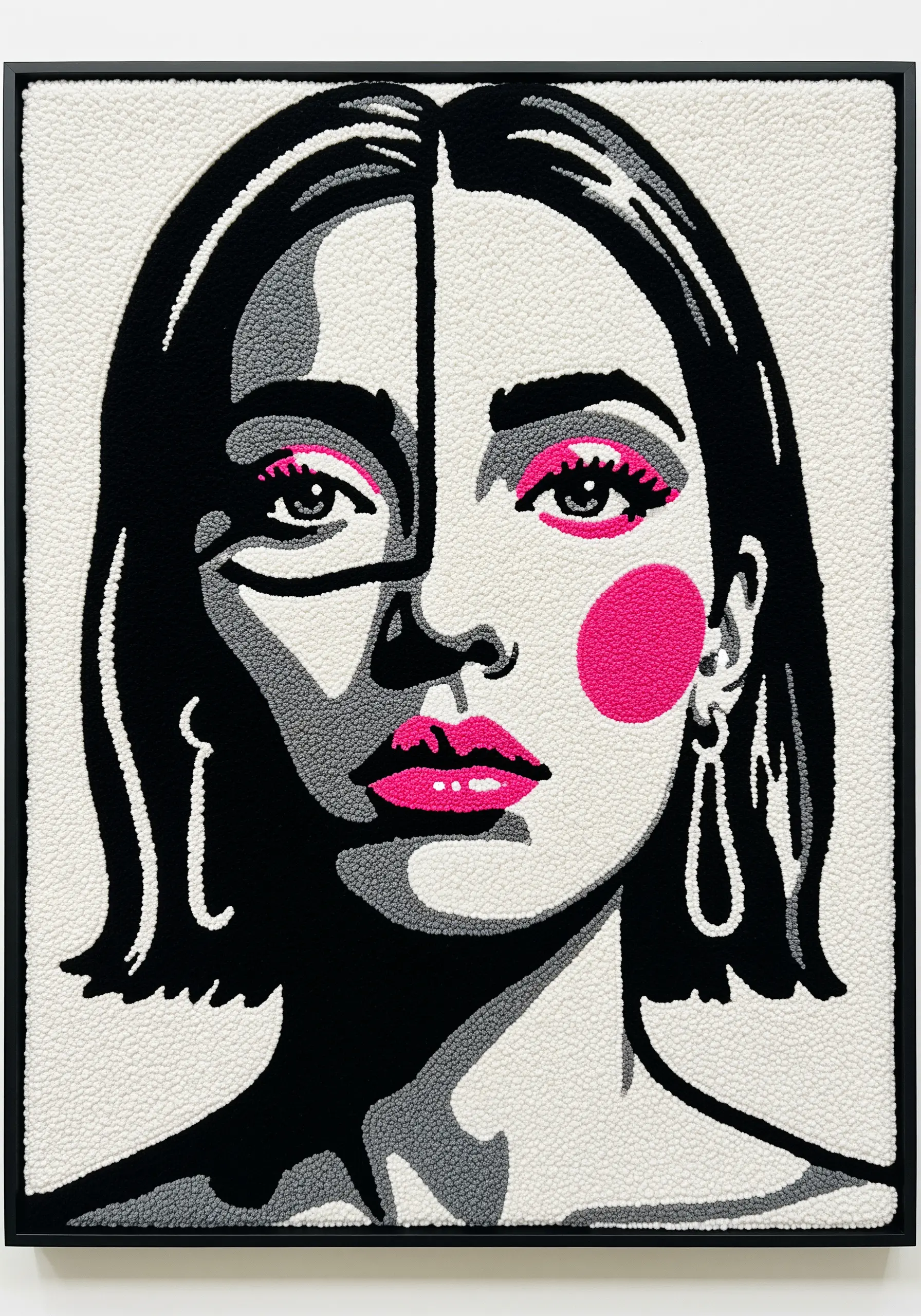 A framed punch needle portrait of a woman with graphic shading and bright pink accents.