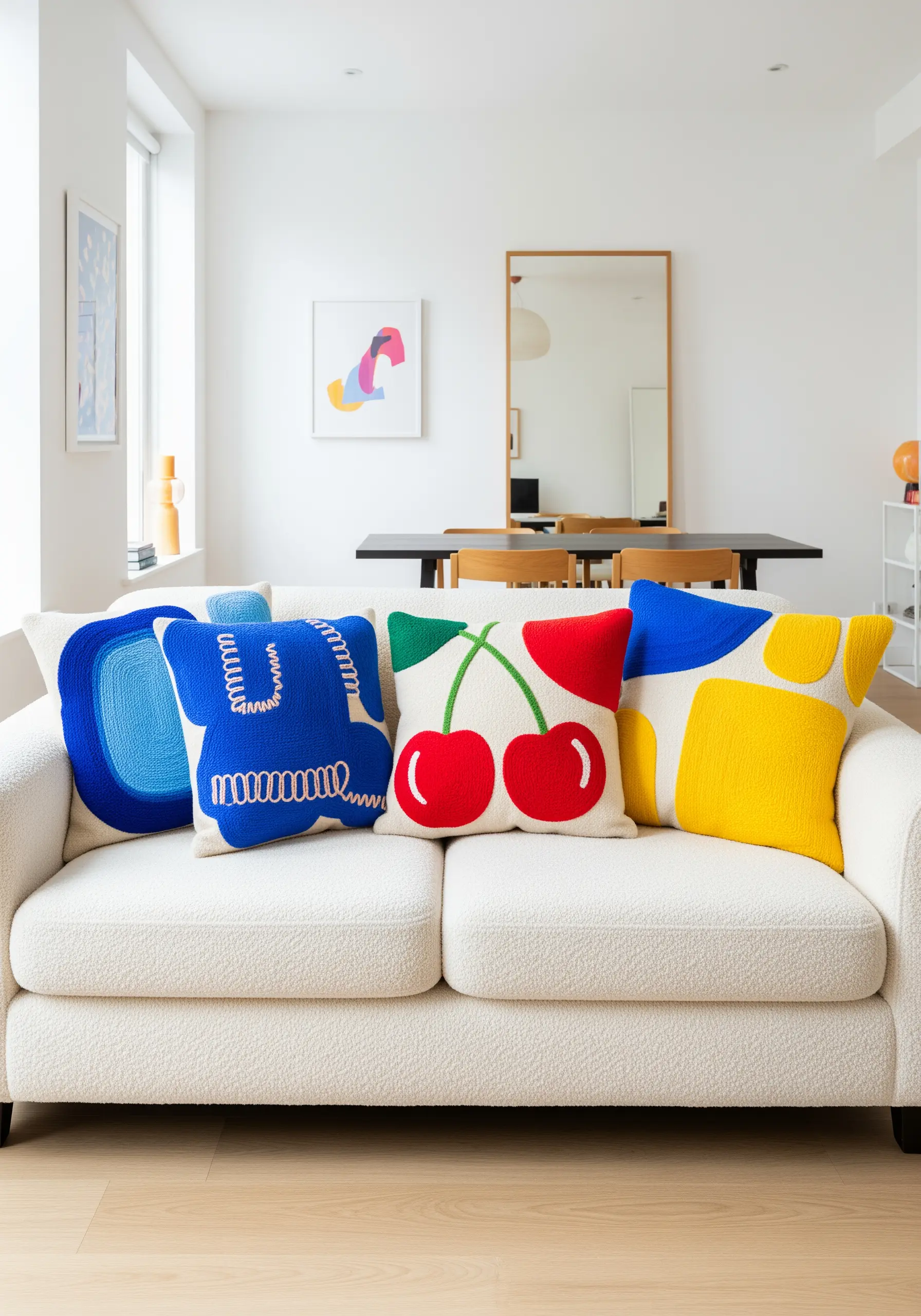 Colorful pop-art style embroidered cushions with cherry and abstract shape motifs.