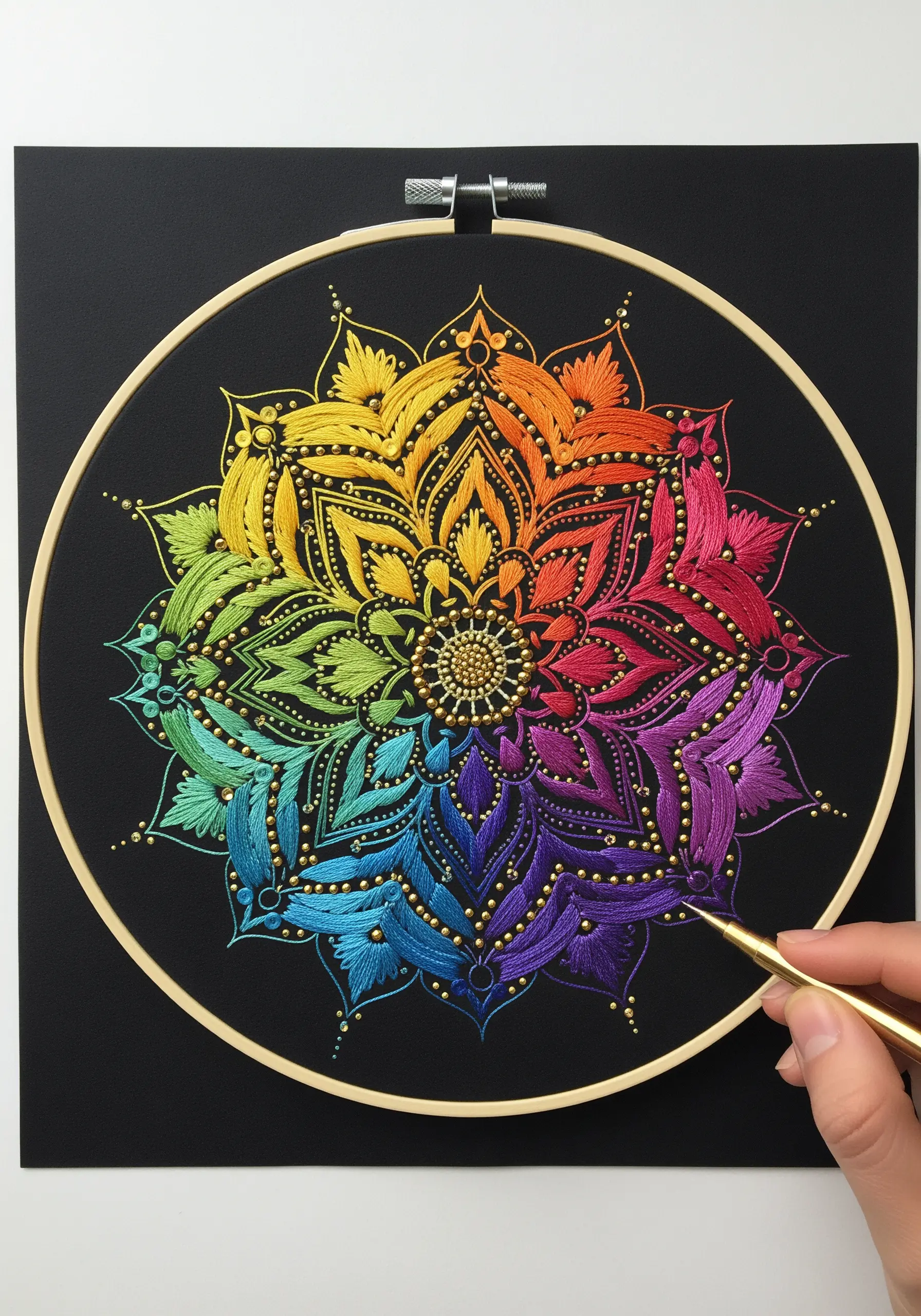 A vibrant rainbow mandala embroidered on black paper, with gold beads for accent details.