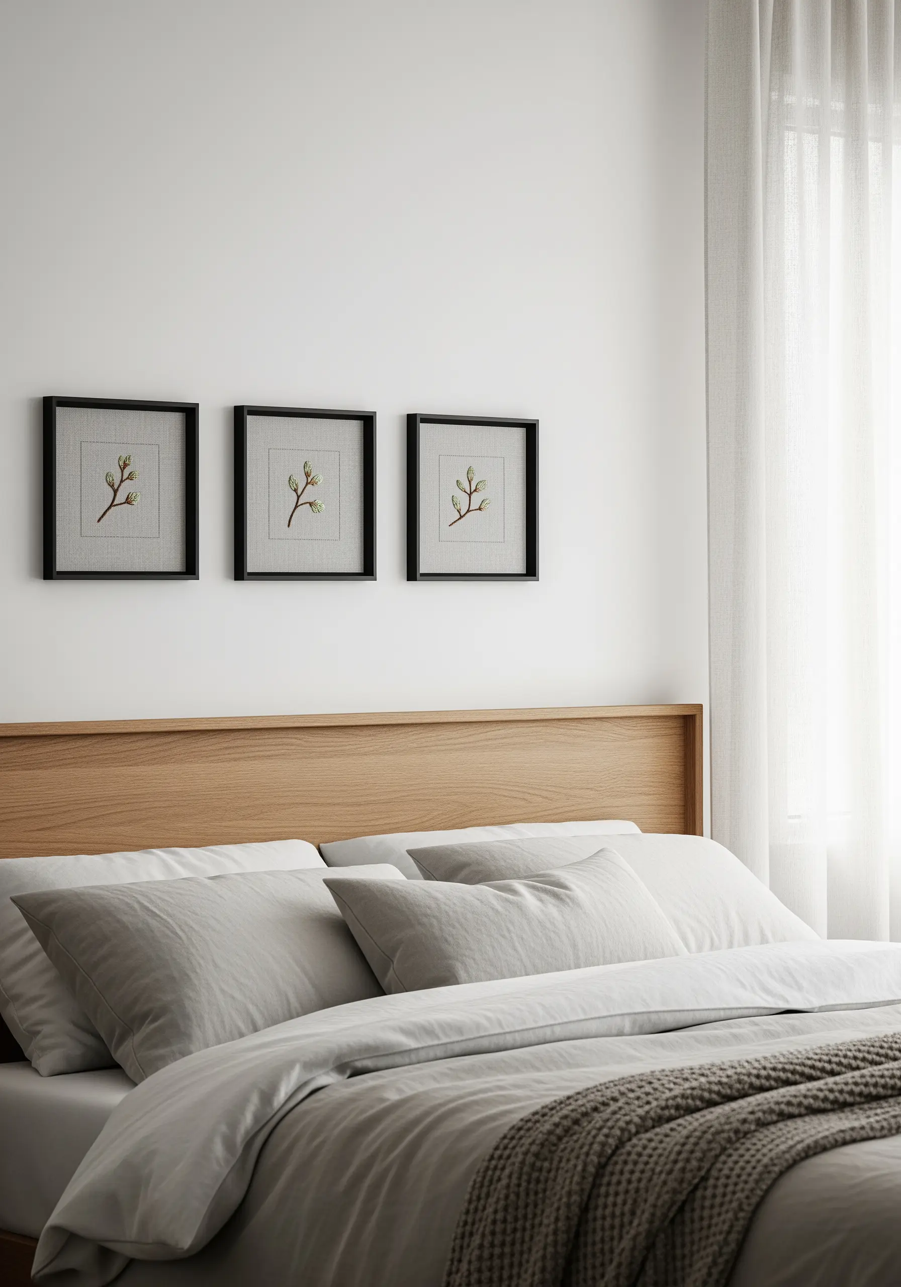 A triptych of three framed minimalist embroidery pieces showing single willow branches above a bed.