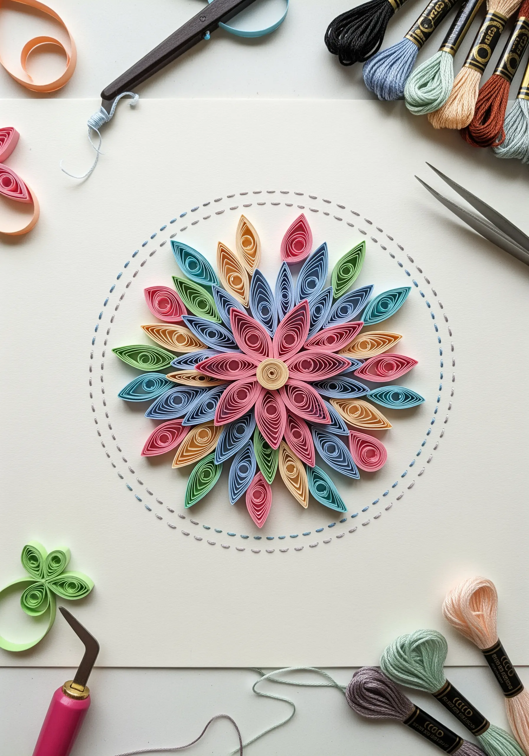 A colorful paper quilling mandala framed by a simple, hand-stitched dotted circle on white paper.